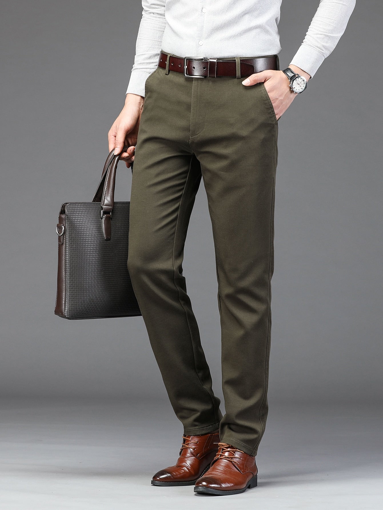 Men Solid Slant Pocket Straight Leg Suit Pants Without Belt