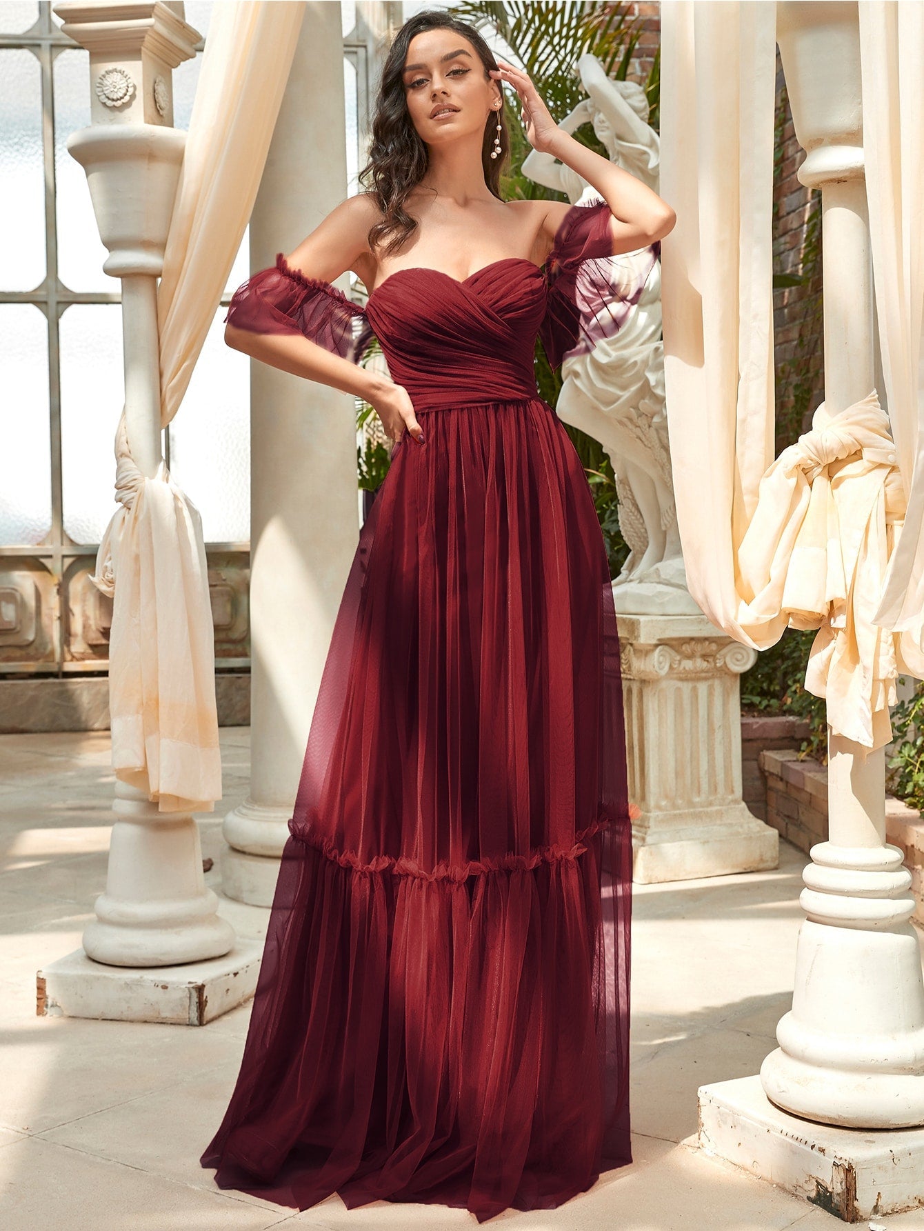 EVER-PRETTY Off Shoulder Frilled Ruffle Hem Mesh Bridesmaid Dress