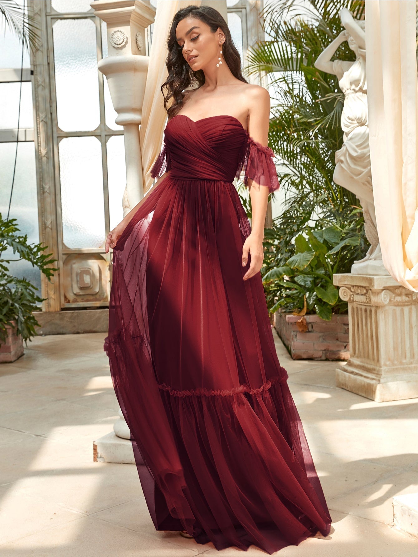 EVER-PRETTY Off Shoulder Frilled Ruffle Hem Mesh Bridesmaid Dress