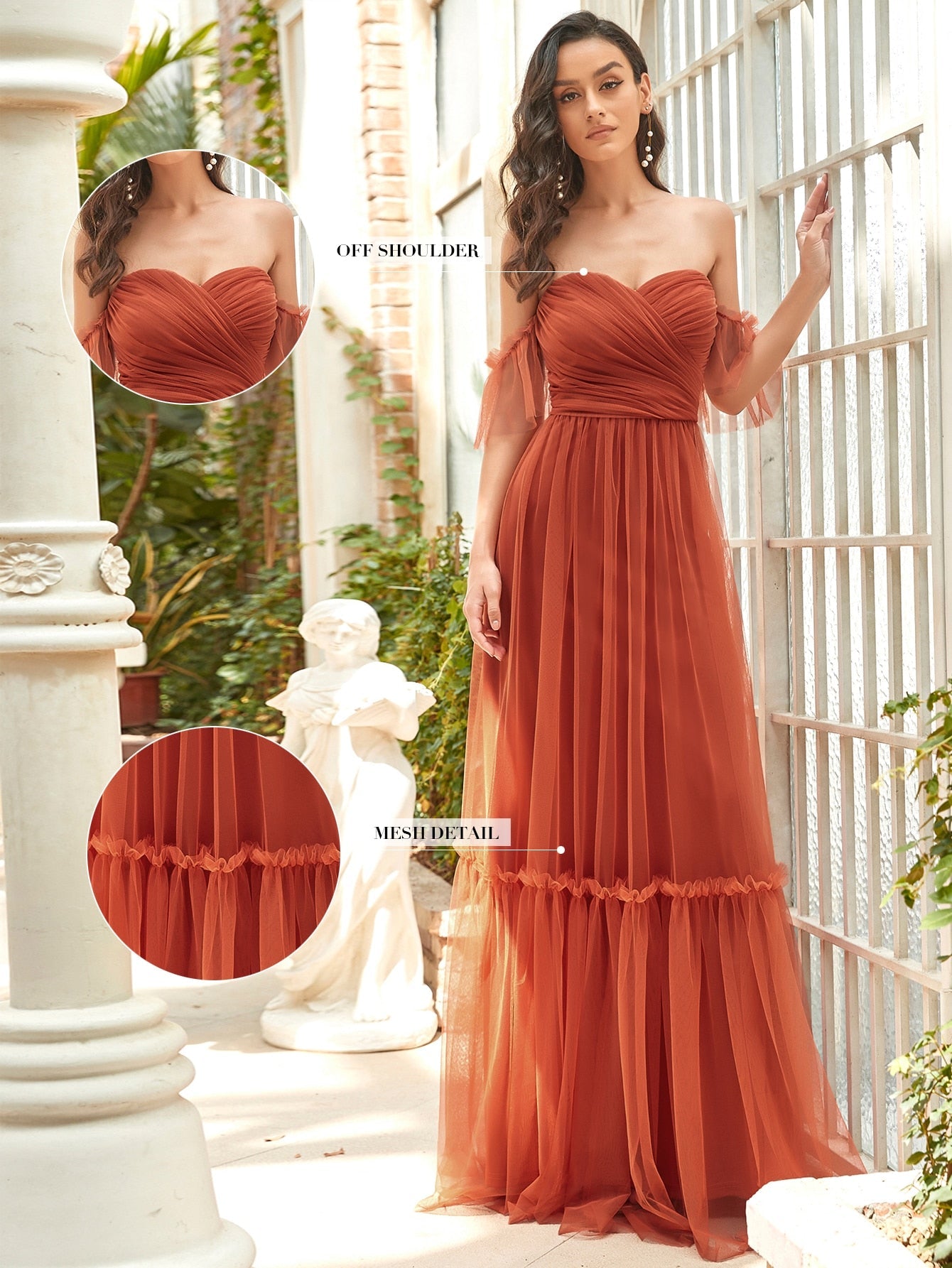 EVER-PRETTY Off Shoulder Frilled Ruffle Hem Mesh Bridesmaid Dress