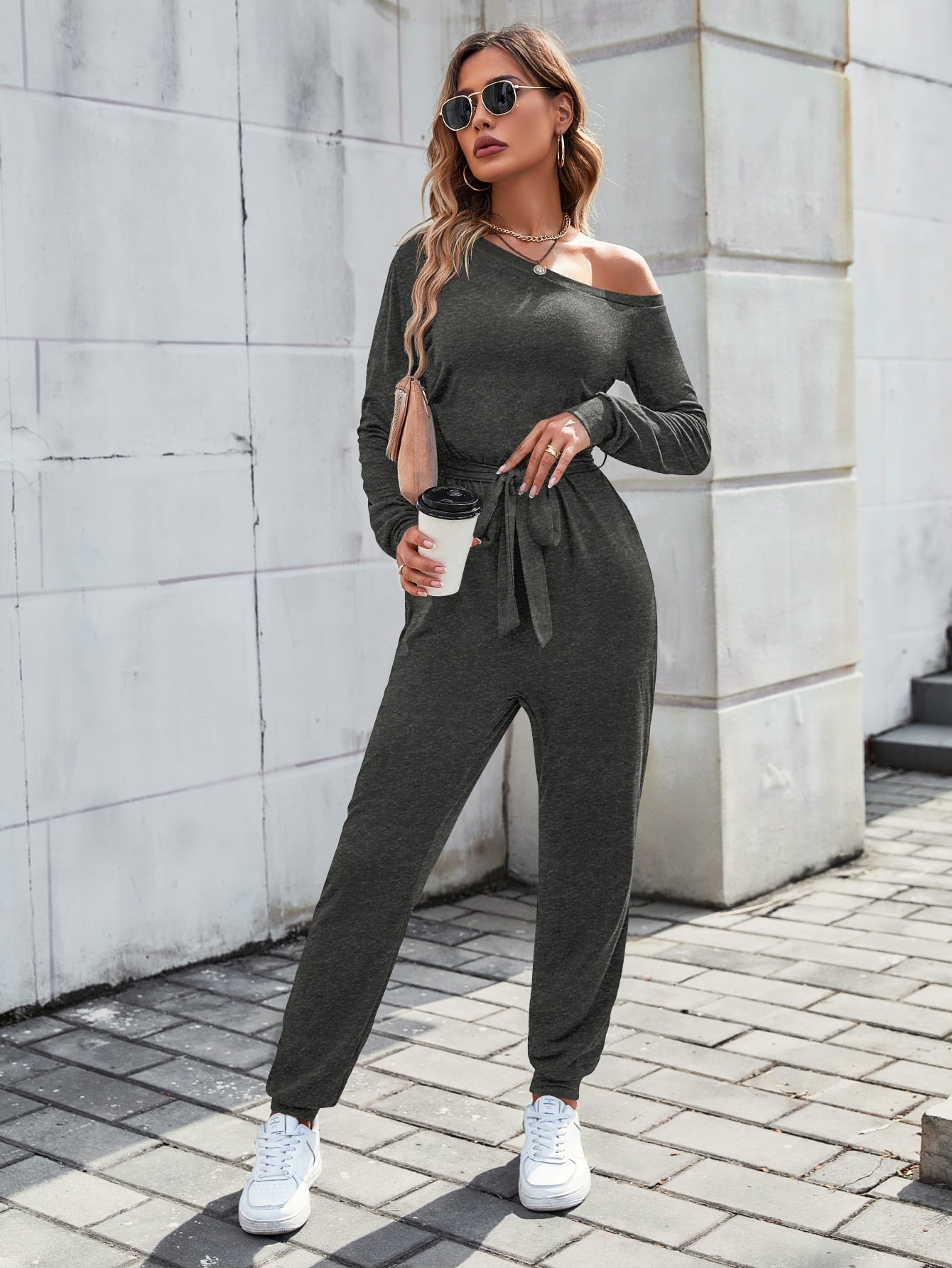 LUNE Solid Asymmetrical Neck Belted Jumpsuit