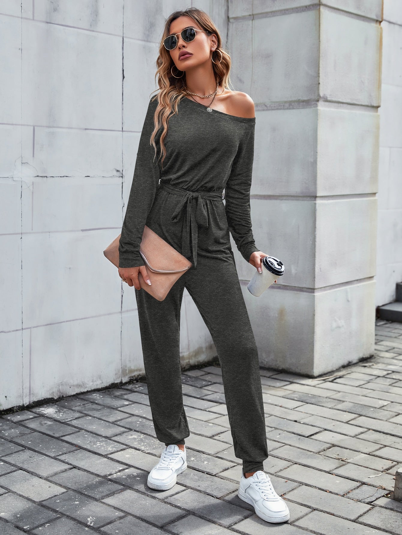 LUNE Solid Asymmetrical Neck Belted Jumpsuit