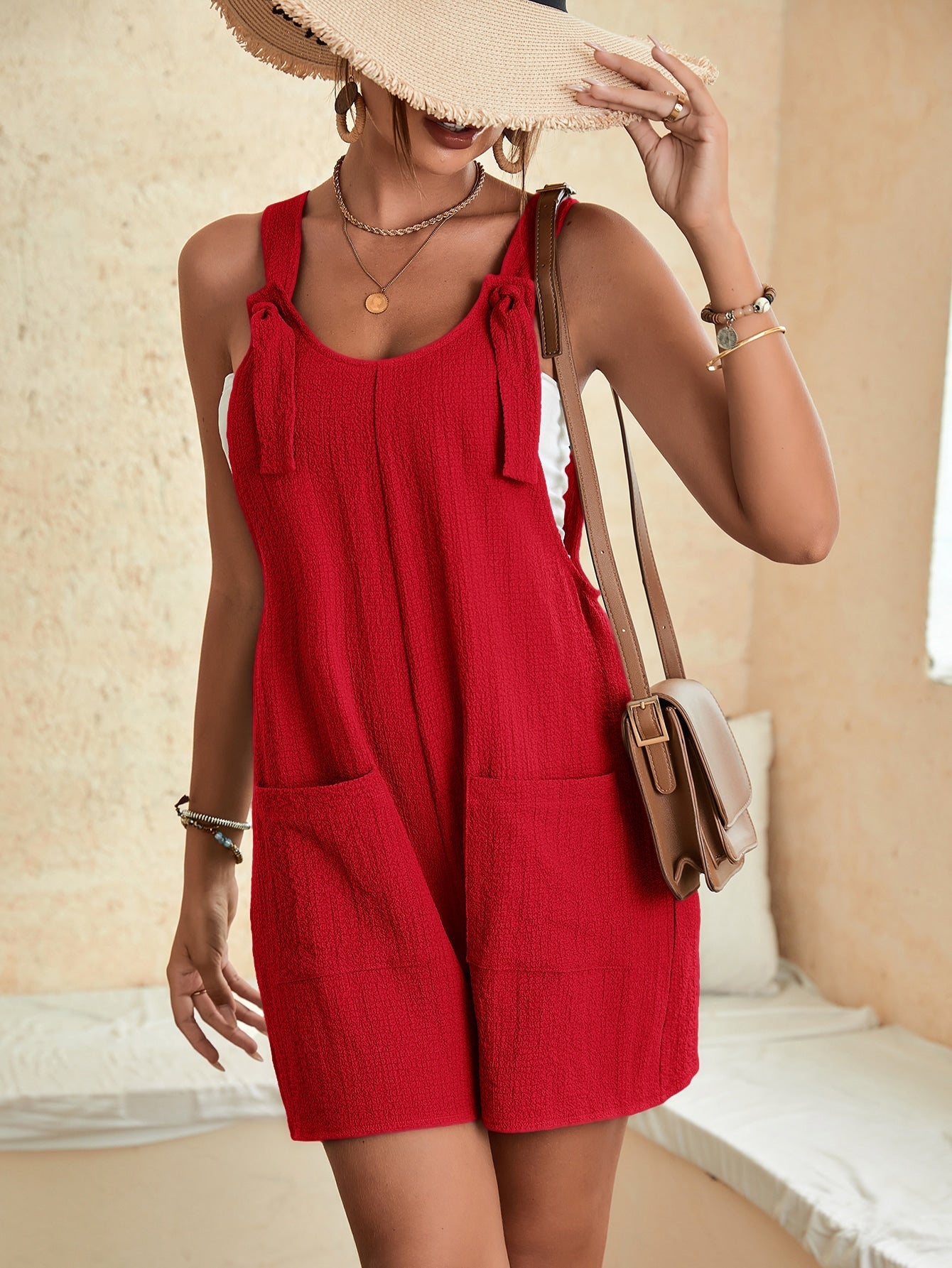 LUNE Knot Front Pocket Patched Overall Romper Without Tube Top