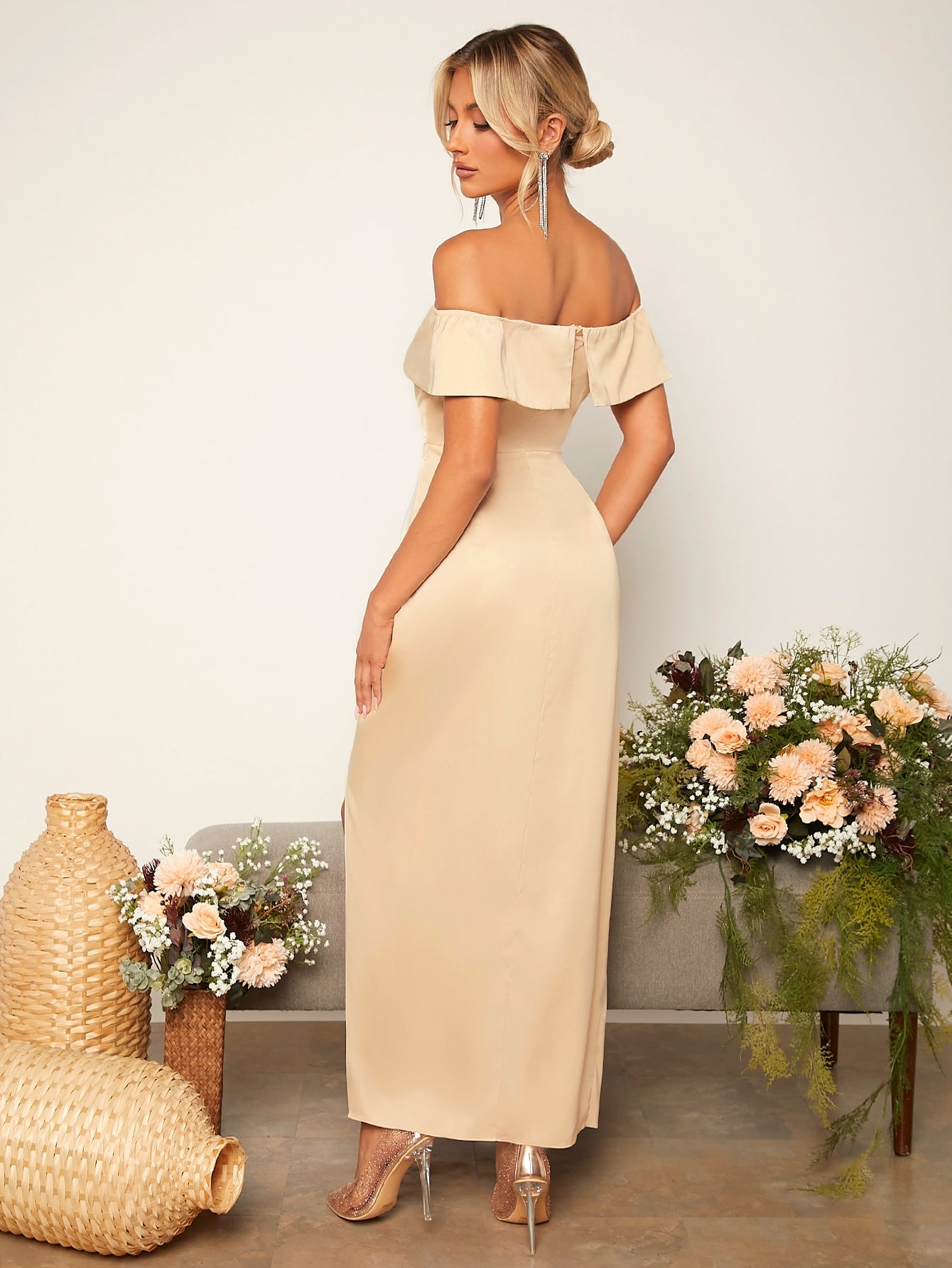 Belle Off Shoulder Wrap Hem Satin Bridesmaid Dress