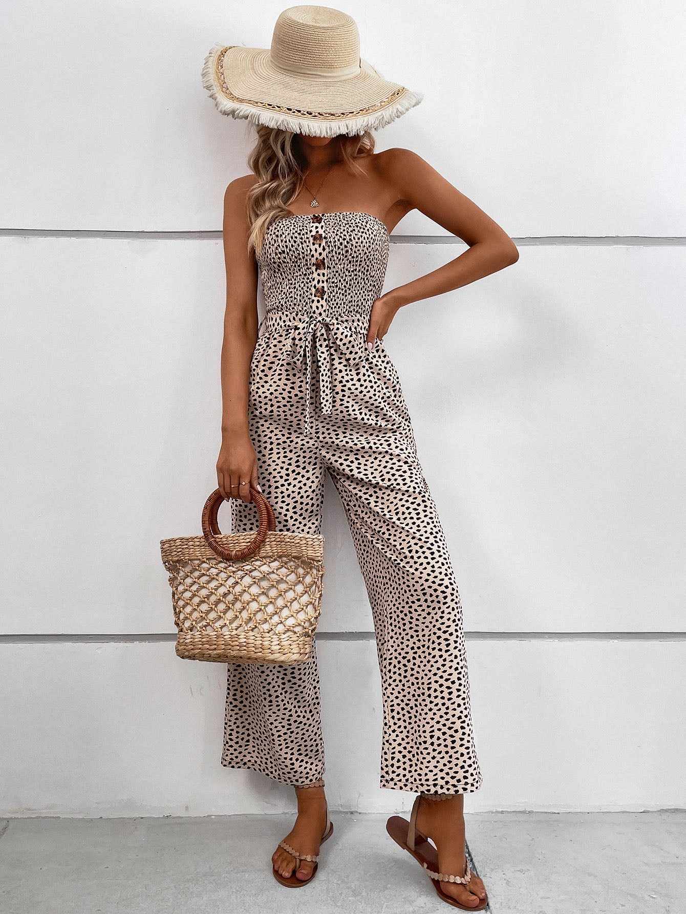 VCAY Allover Print Pocket Side Belted Tube Jumpsuit