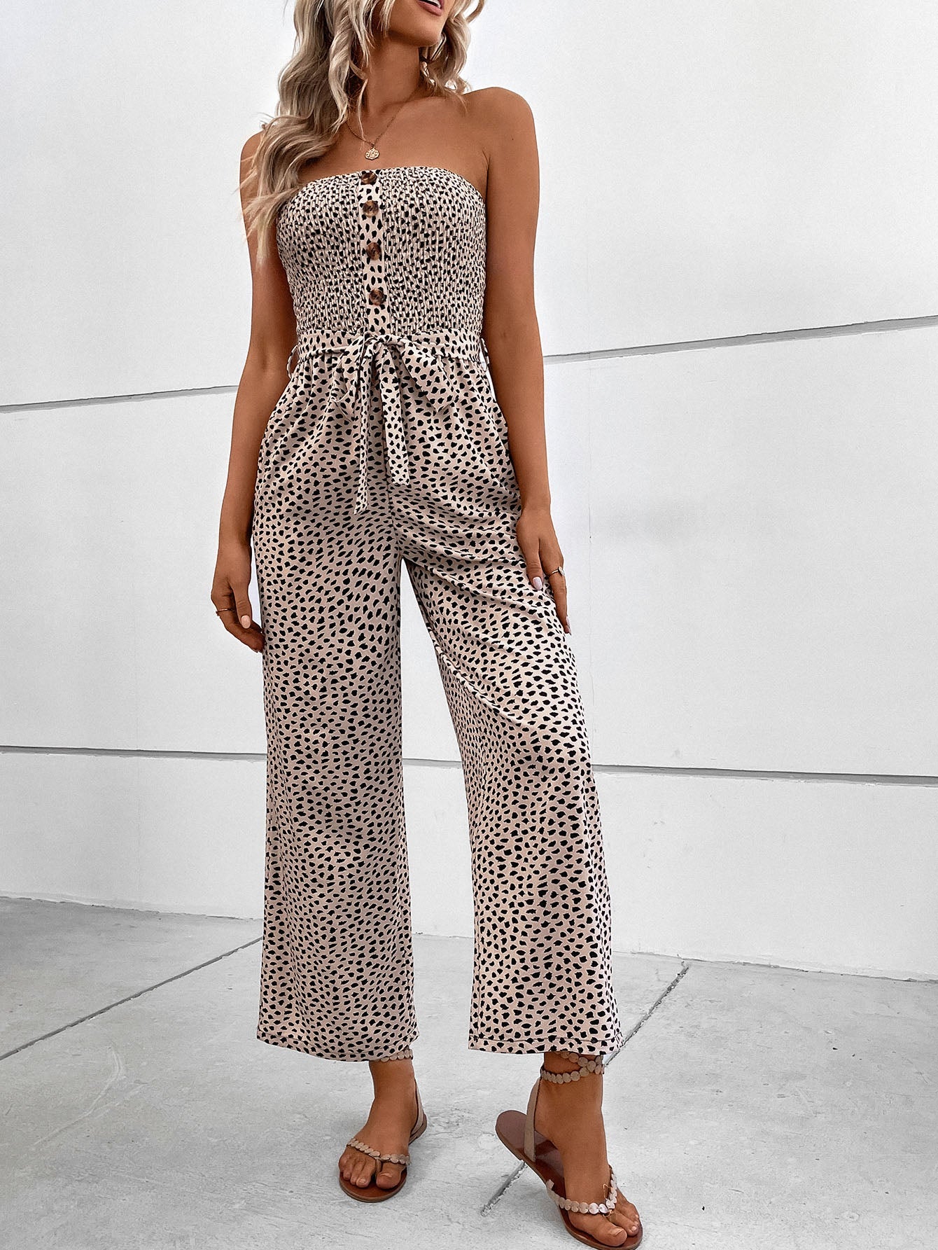 VCAY Allover Print Pocket Side Belted Tube Jumpsuit