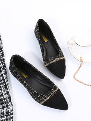 Splicing Design Chain Decor Ballet Flats, Black Elegant Metal Chain Plaid Women's Flat Shoes