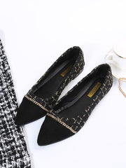 Splicing Design Chain Decor Ballet Flats, Black Elegant Metal Chain Plaid Women's Flat Shoes