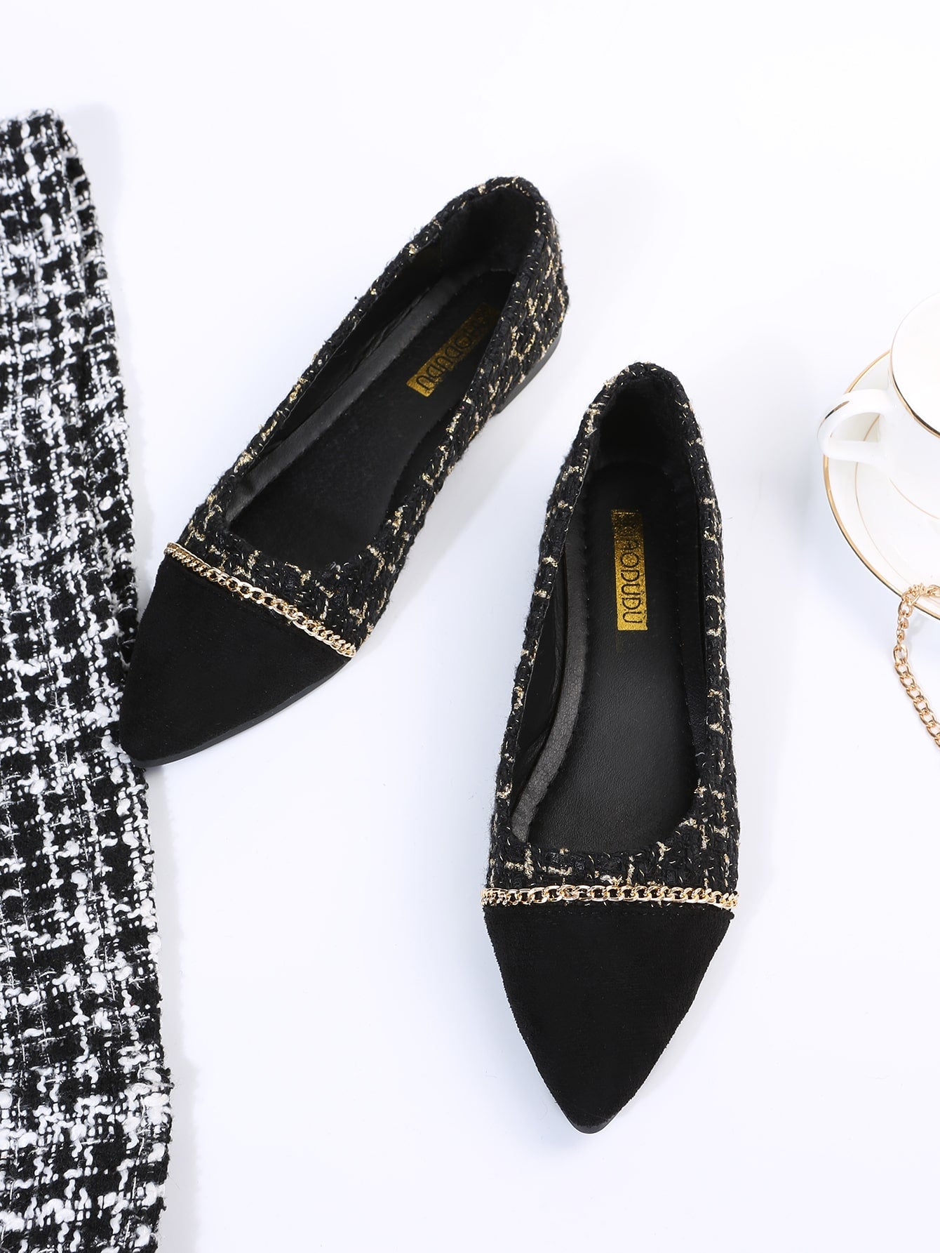 Splicing Design Chain Decor Ballet Flats, Black Elegant Metal Chain Plaid Women's Flat Shoes