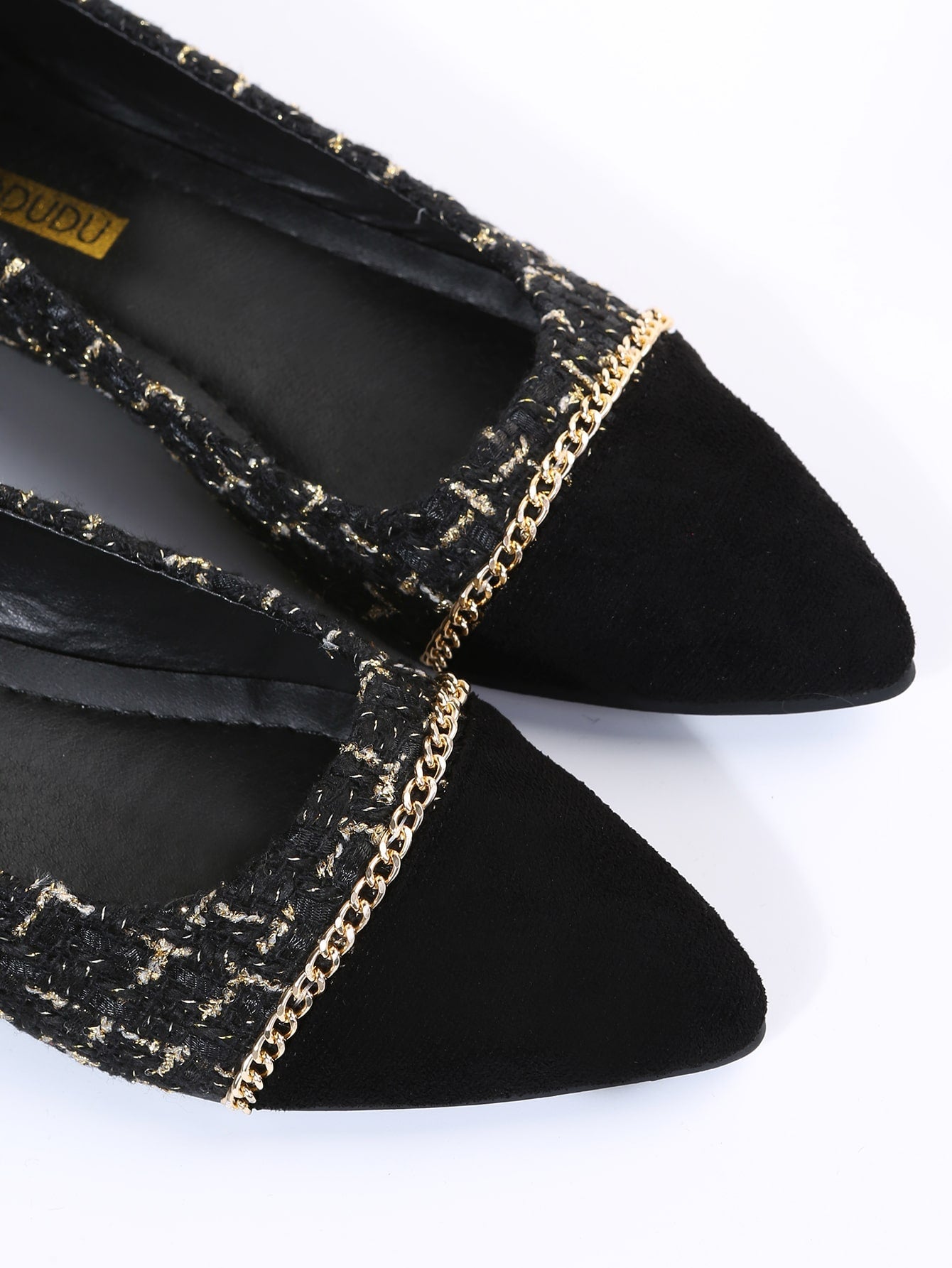 Splicing Design Chain Decor Ballet Flats, Black Elegant Metal Chain Plaid Women's Flat Shoes