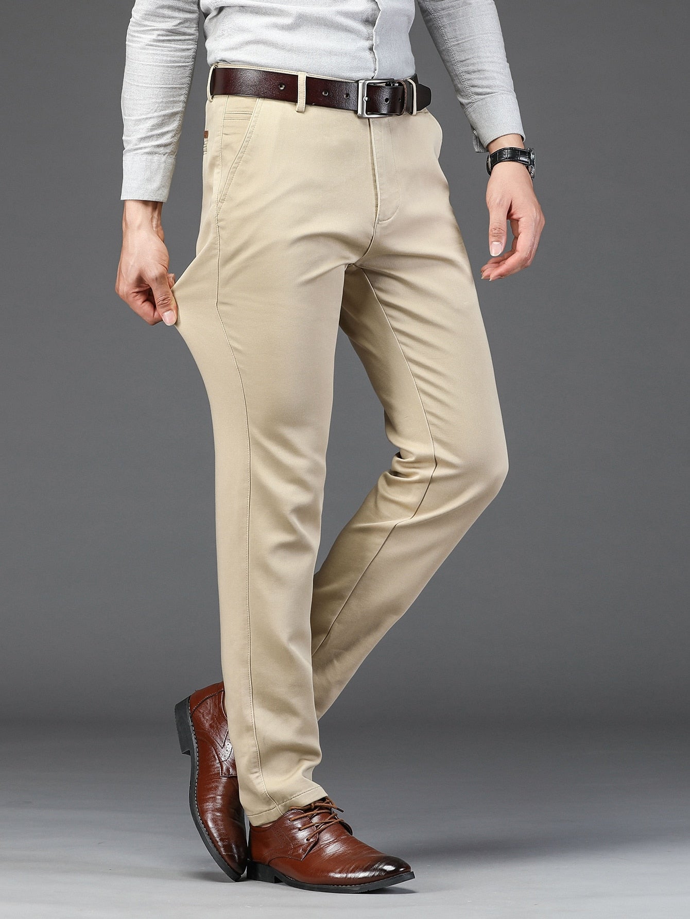 Men Solid Slant Pocket Straight Leg Suit Pants Without Belt