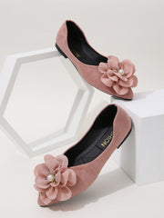 Faux Suede Flower Decor Point Toe Ballet Flats