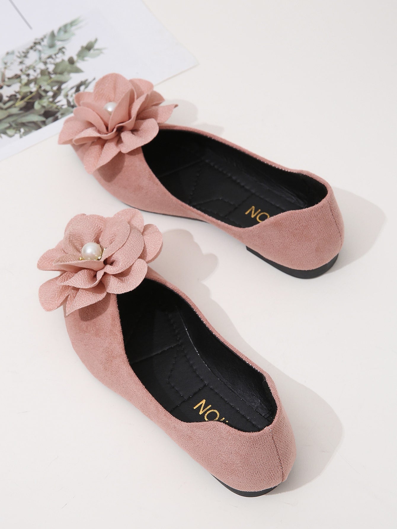 Faux Suede Flower Decor Point Toe Ballet Flats