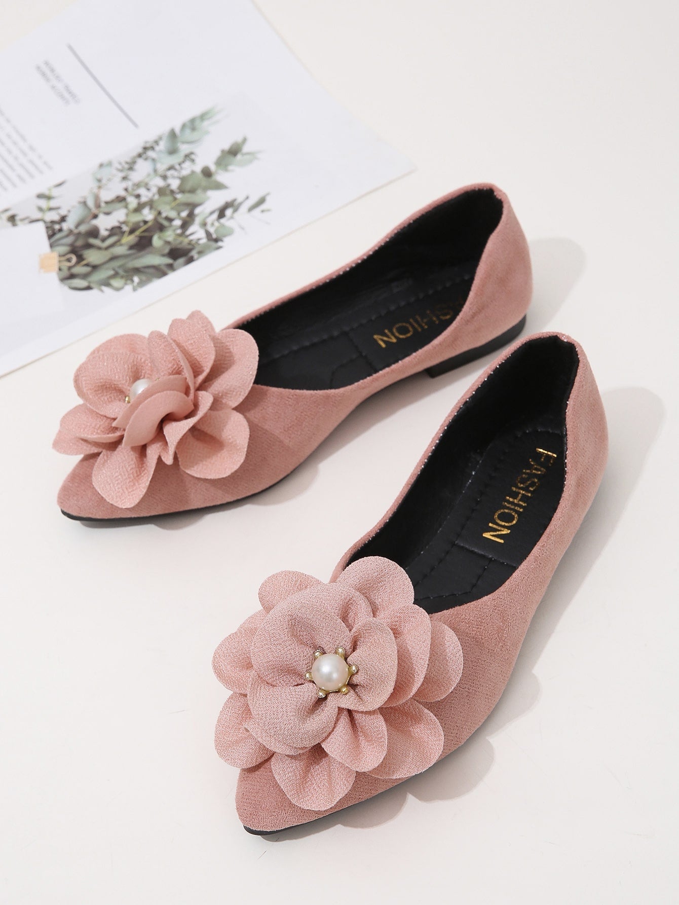 Faux Suede Flower Decor Point Toe Ballet Flats