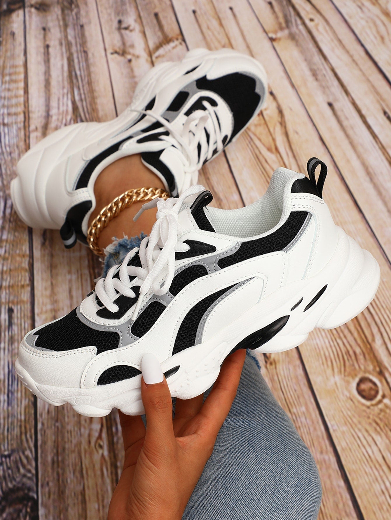 Women's Fashion Black & White Patchwork Sport Sneakers Chunky Shoes