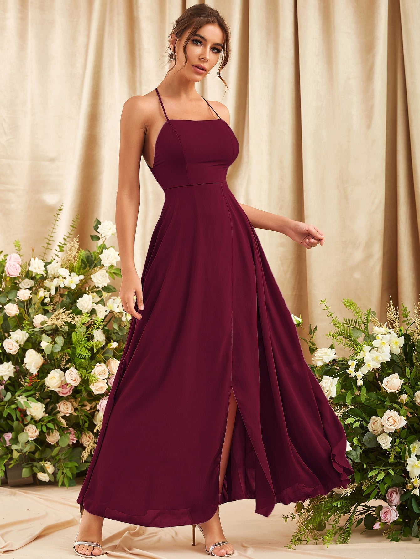 Belle Crisscross Backless Split Hem Cami Bridesmaid Dress