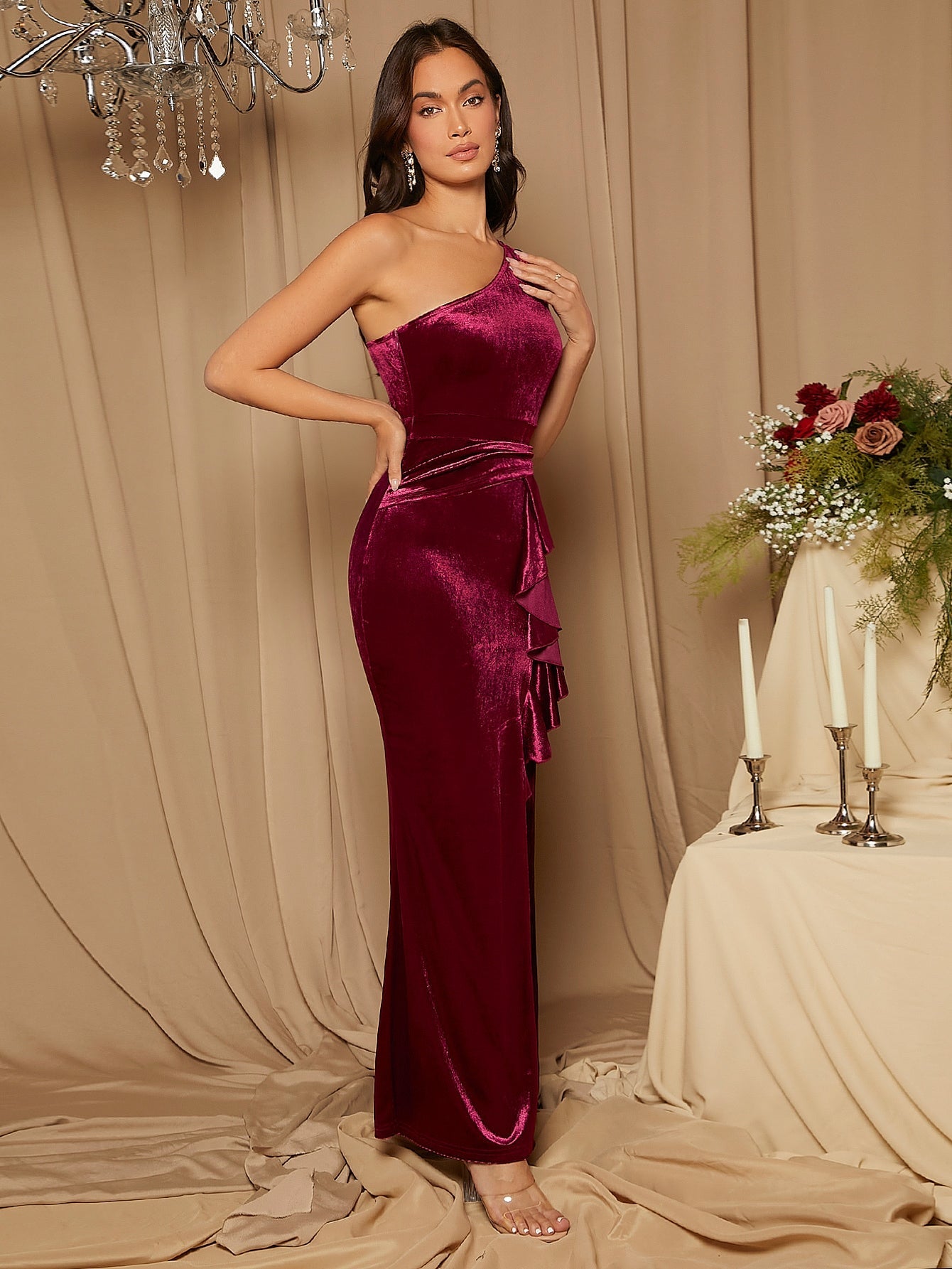 Belle One Shoulder Ruffle Trim Split Thigh Velvet Bridesmaid Dress