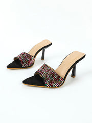 Women Rhinestone Decor Stiletto Heeled Sandals, Glamorous Faux Suede Mule Sandals