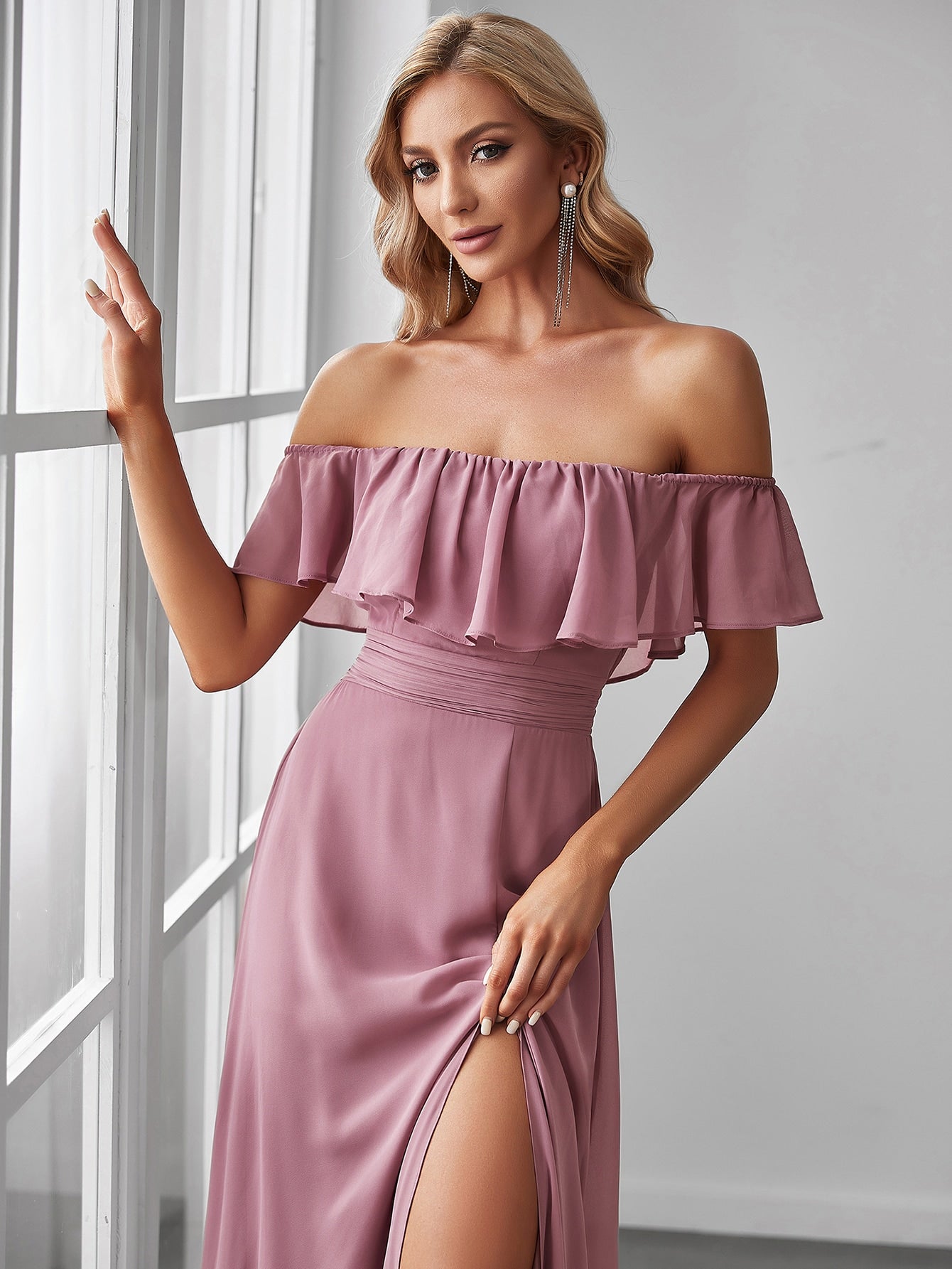 EVER-PRETTY Ruffle Off Shoulder Split Prom Dress