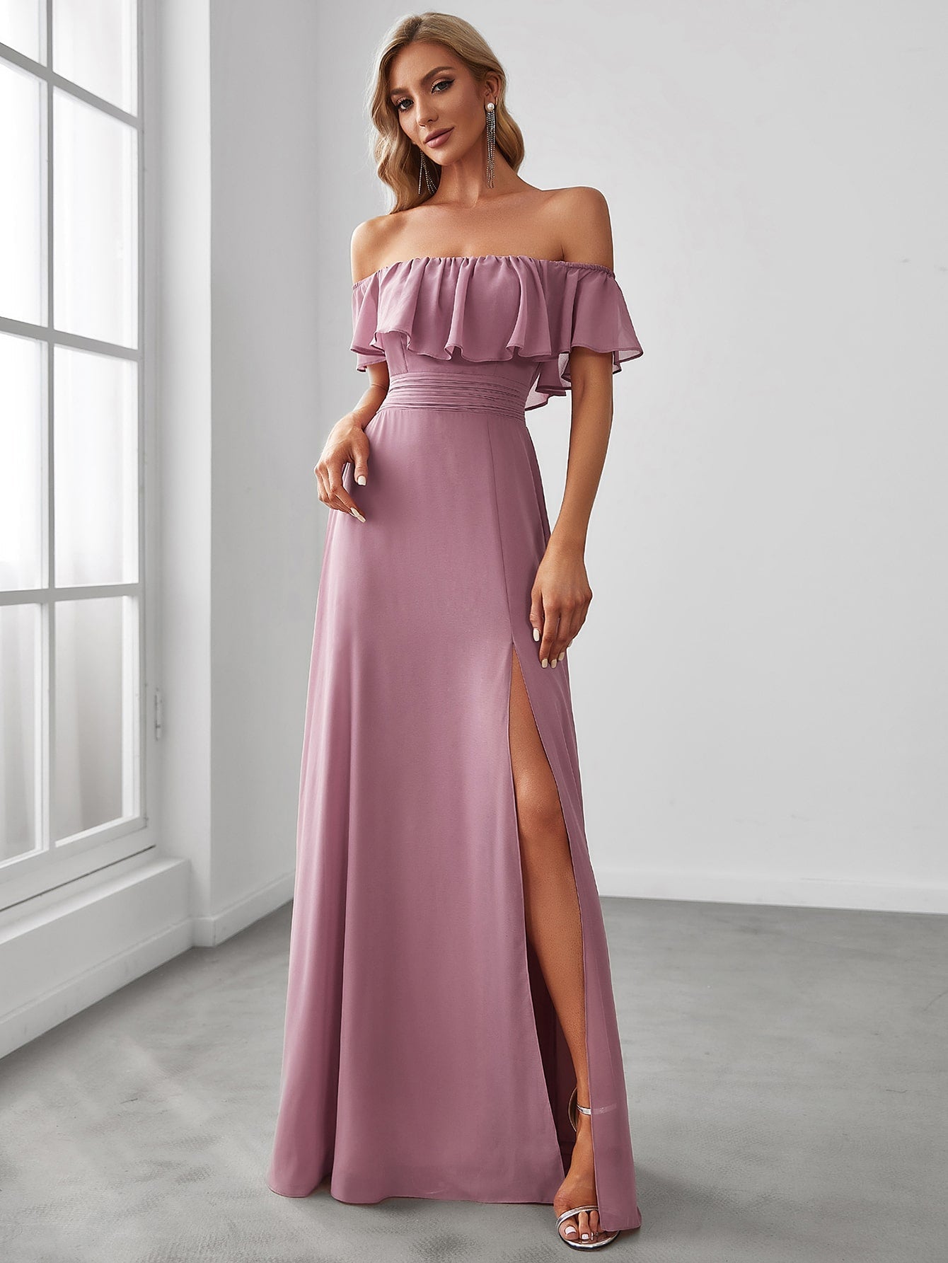 EVER-PRETTY Ruffle Off Shoulder Split Prom Dress