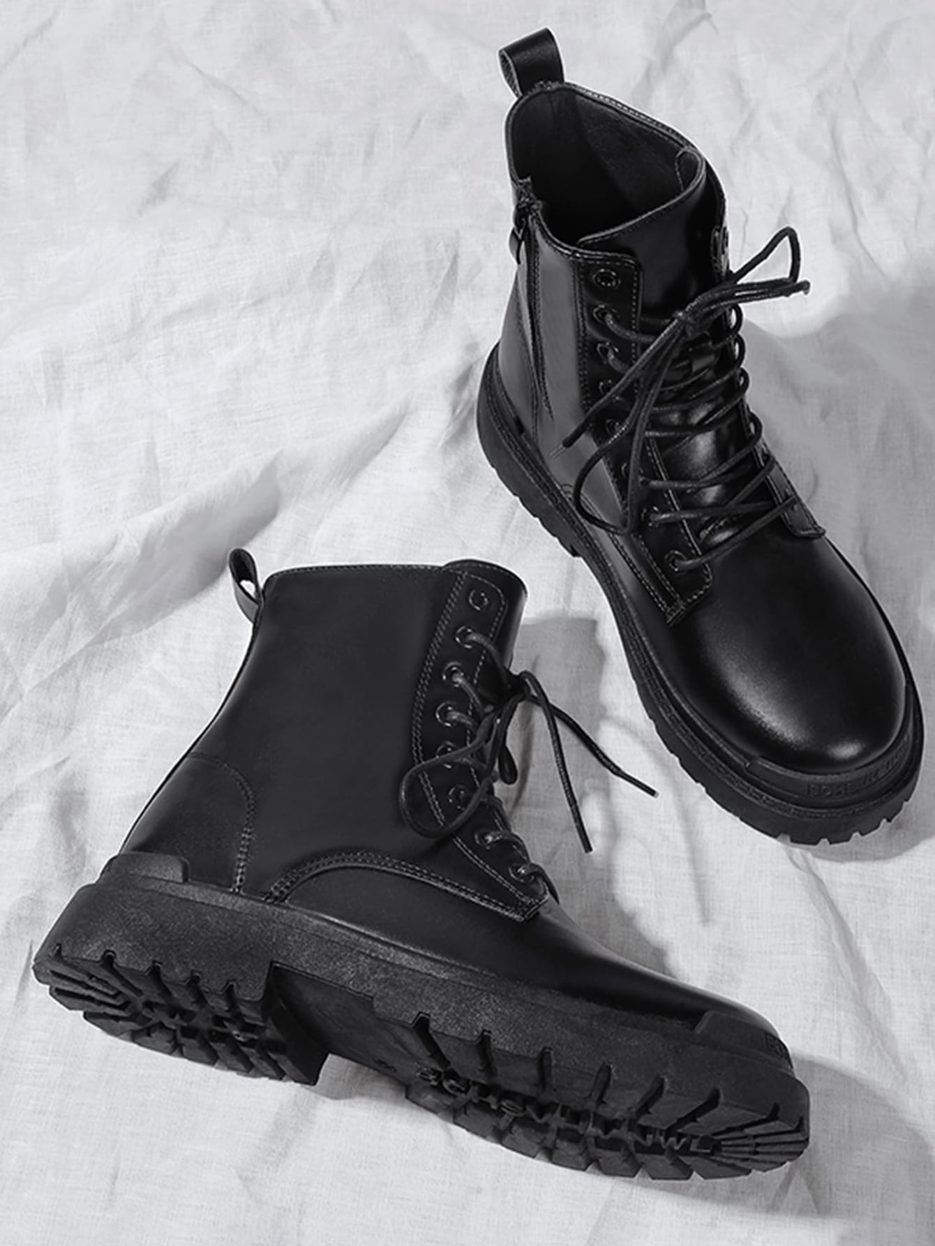 Men Zip Side Lace-up Front Combat Boots, Men's Black Solid Color chelsea Boots