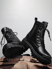 Men Zip Side Lace-up Front Combat Boots, Men's Black Solid Color chelsea Boots