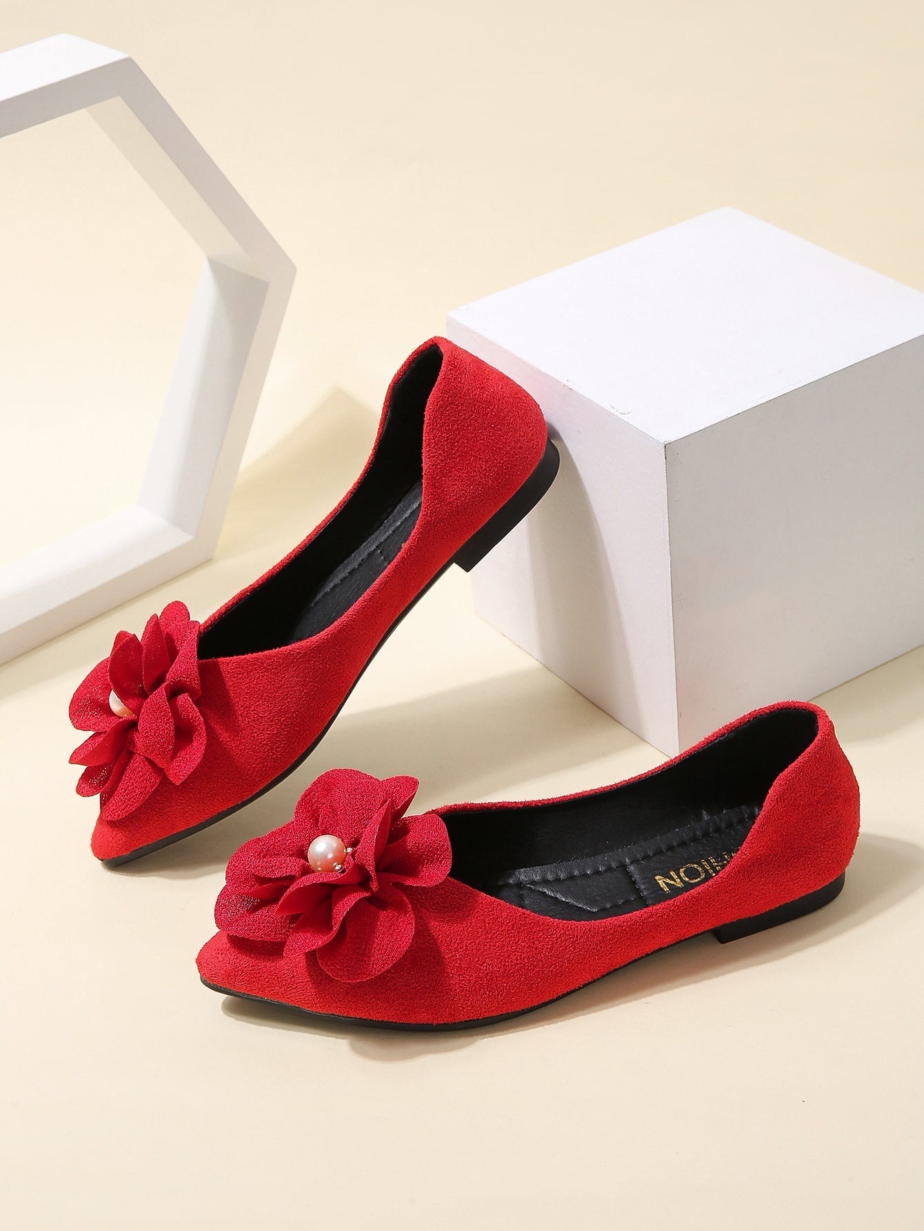 Faux Suede Flower Decor Point Toe Ballet Flats