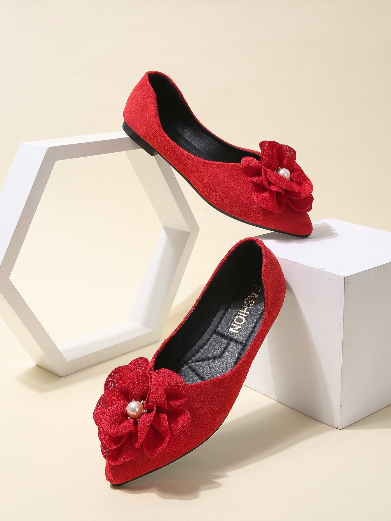 Faux Suede Flower Decor Point Toe Ballet Flats