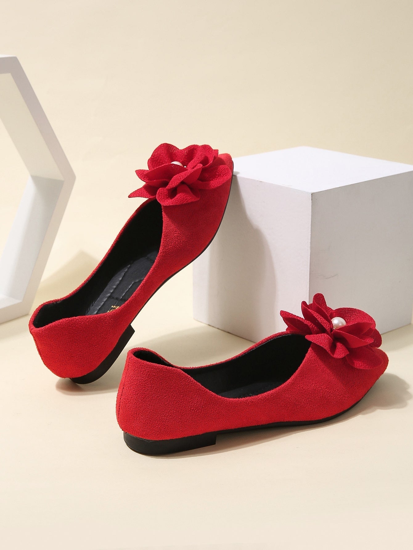 Faux Suede Flower Decor Point Toe Ballet Flats