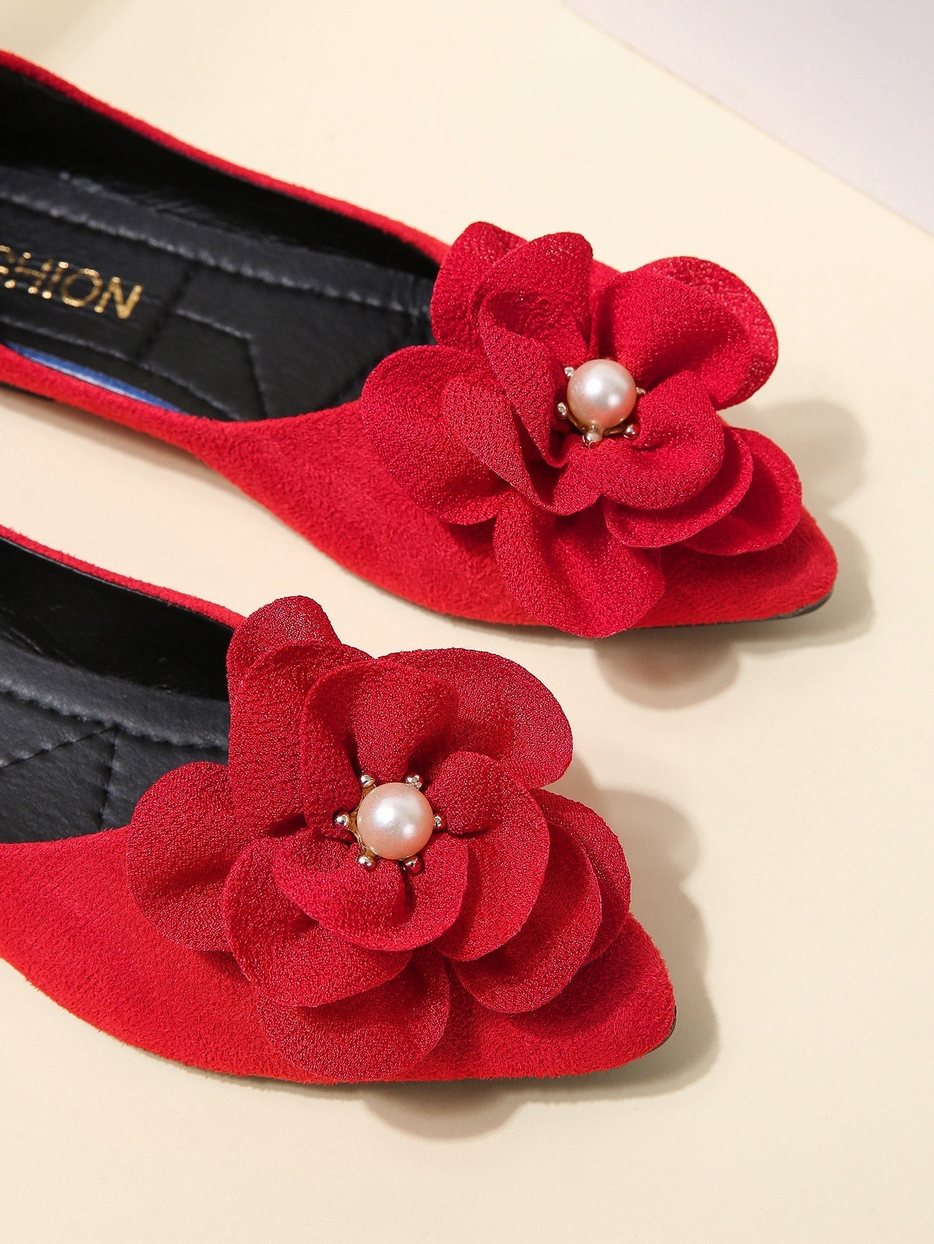 Faux Suede Flower Decor Point Toe Ballet Flats