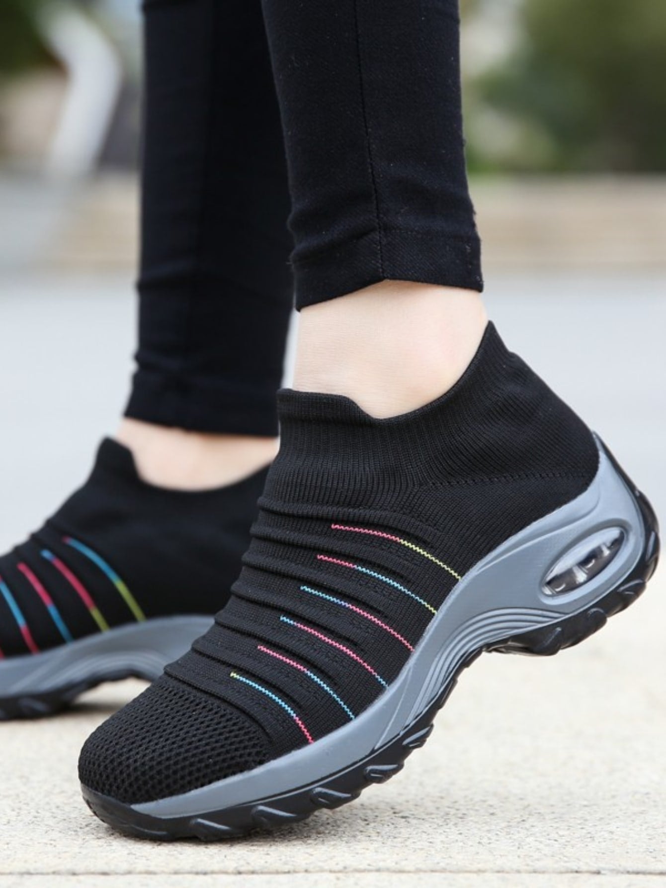 Women'S Breathable Knit Chunky Sneakers, Casual Slip On Air Cushion Shoes, Lightweight Low Top Sock Shoes