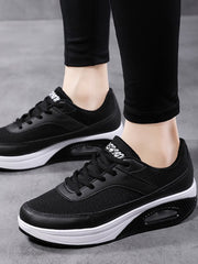 Women's Black Walking Shoes With Sporty Lace-up And Rocker Sole