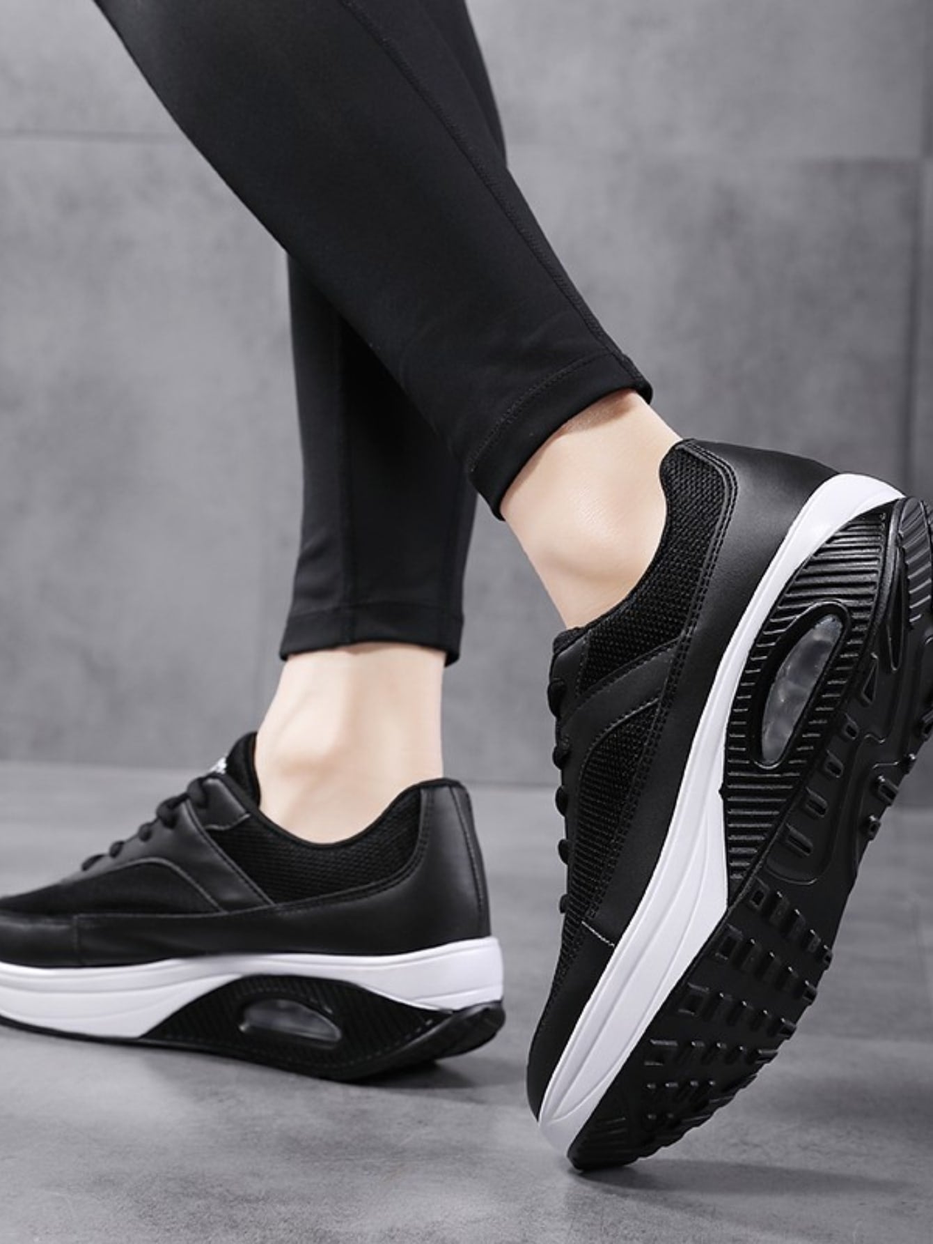 Women's Black Walking Shoes With Sporty Lace-up And Rocker Sole