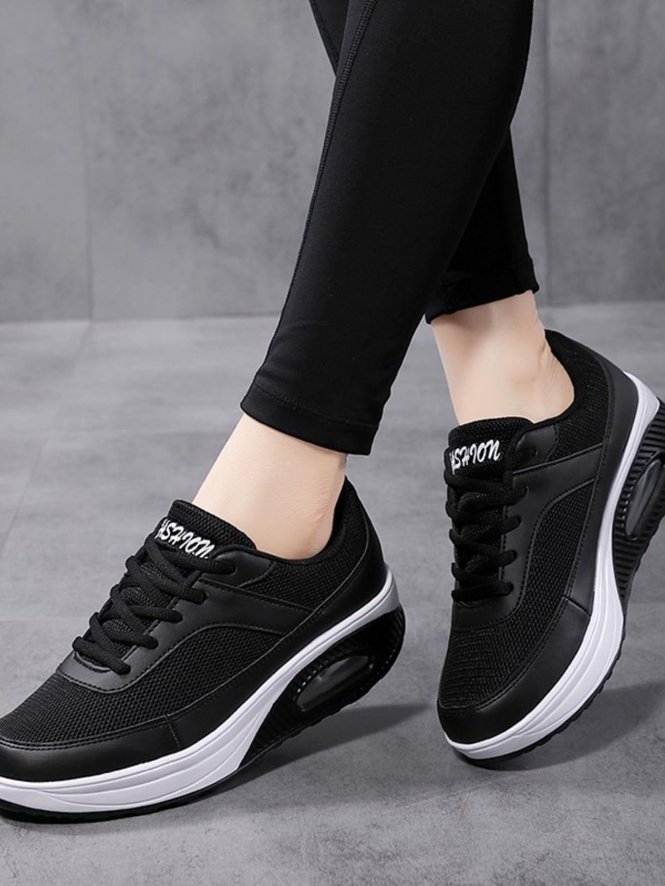 Women's Black Walking Shoes With Sporty Lace-up And Rocker Sole