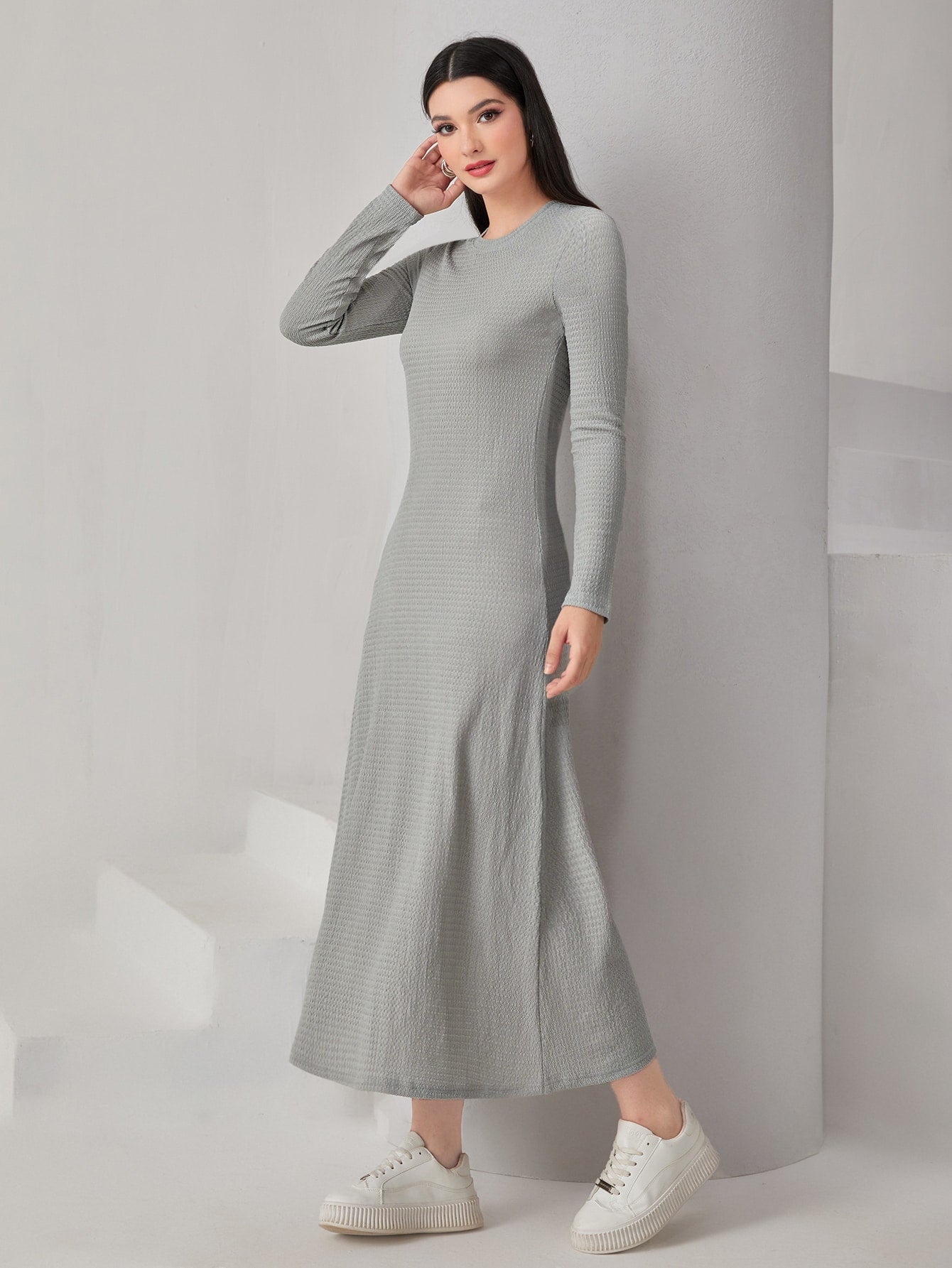 Mulvari Textured Knit Open Front Abaya & Dress