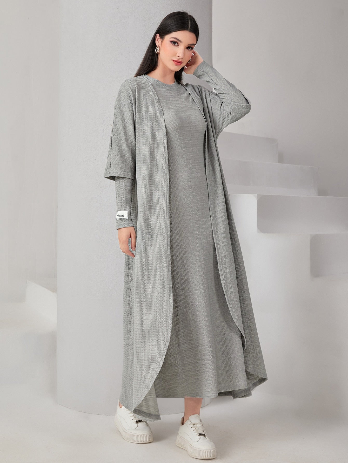 Mulvari Textured Knit Open Front Abaya & Dress