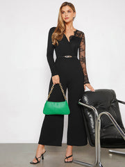 BIZwear Contrast Lace V Neck Wide Leg Jumpsuit Without Belt Workwear