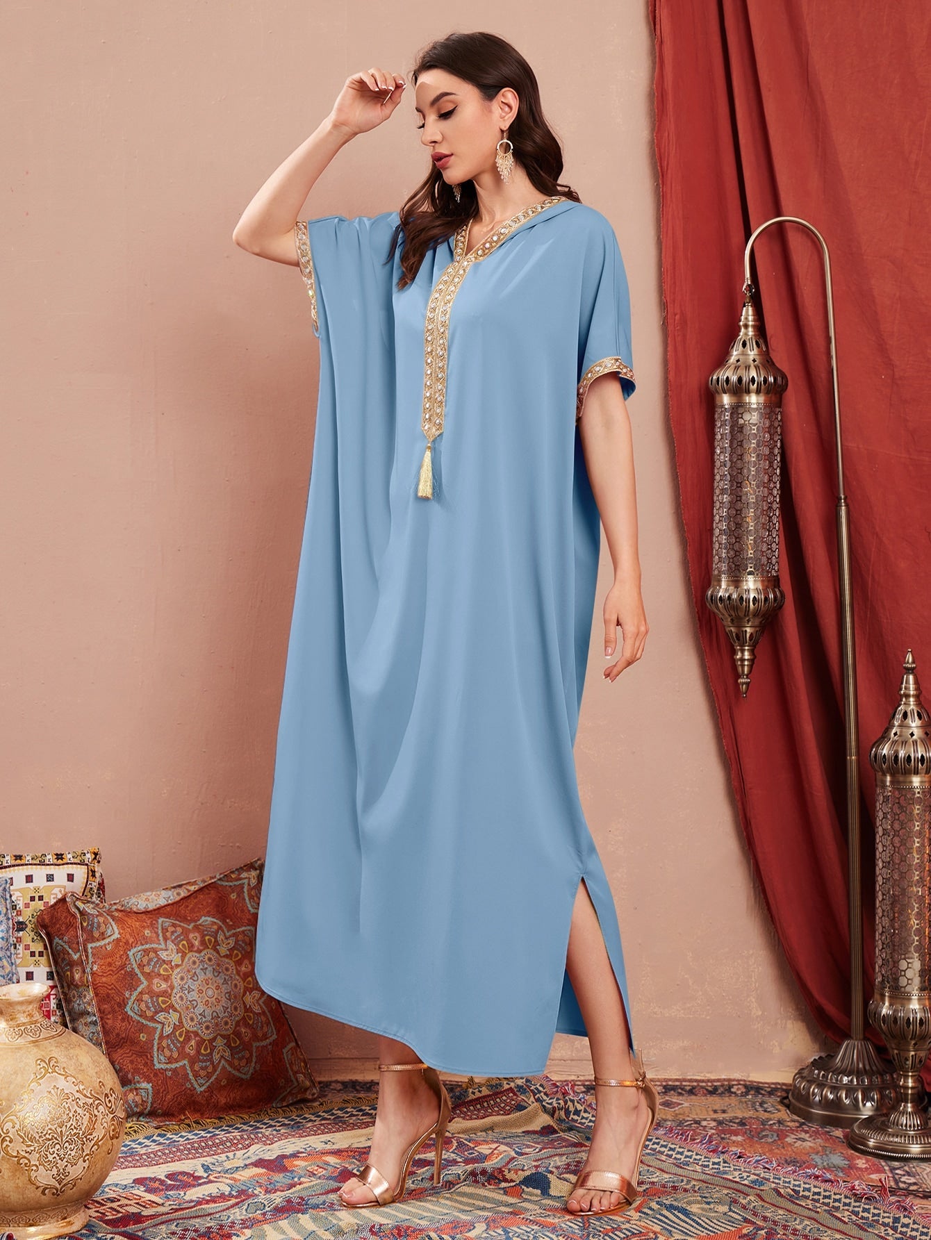 Najma Contrast Embroidered Trim Split Hem Kaftan