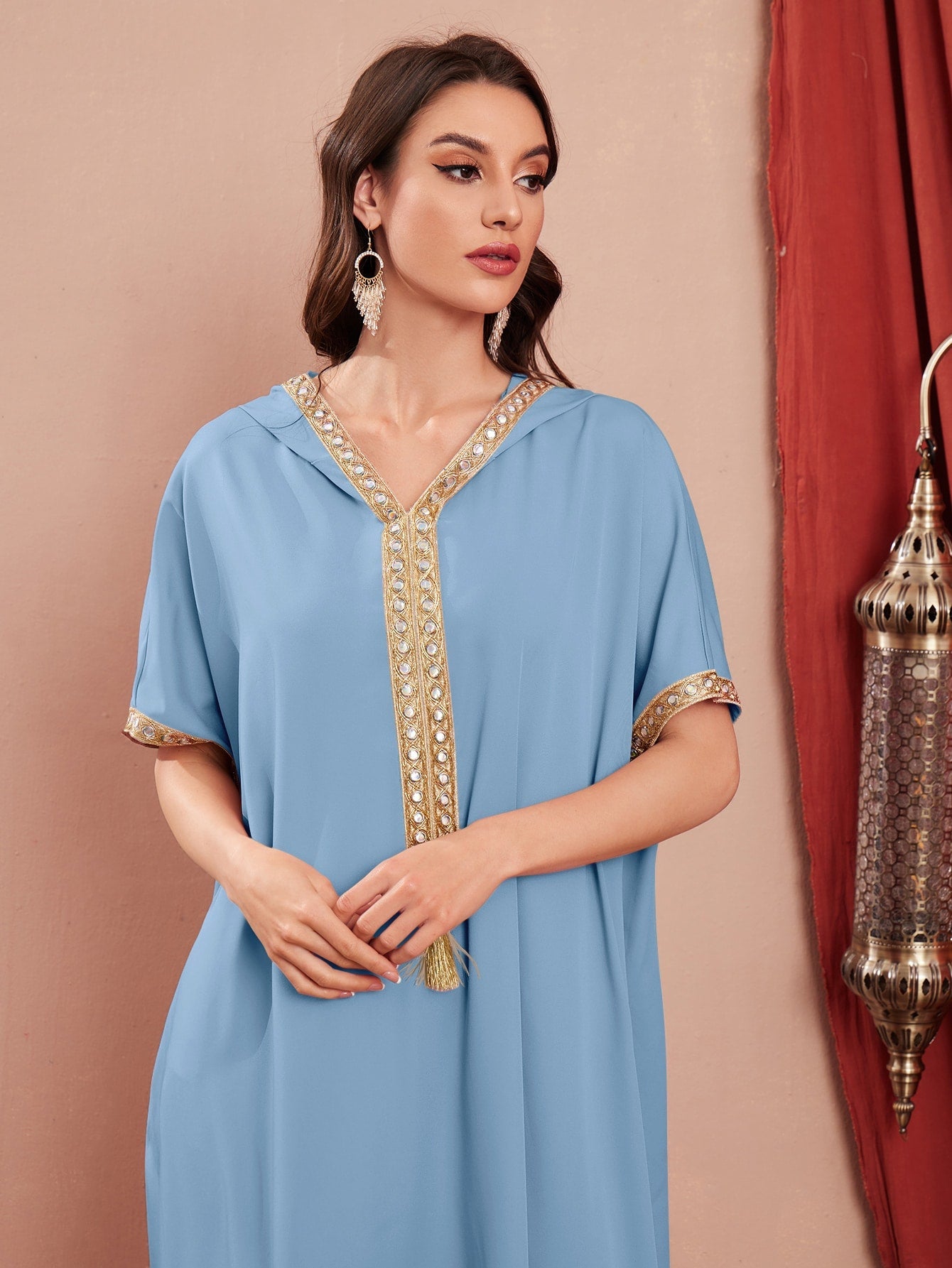 Najma Contrast Embroidered Trim Split Hem Kaftan