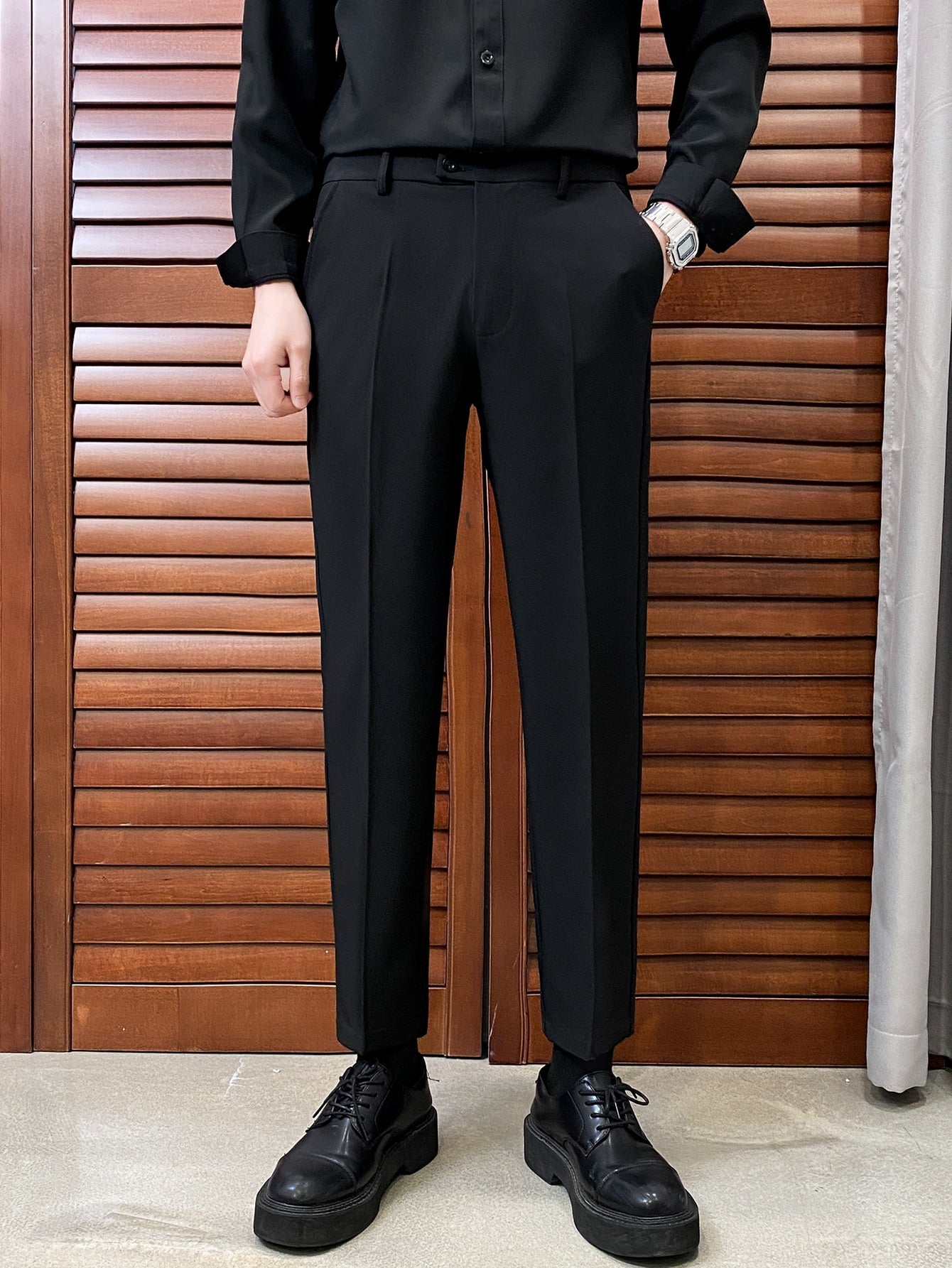 Men Slant Pocket Solid Suit Pants