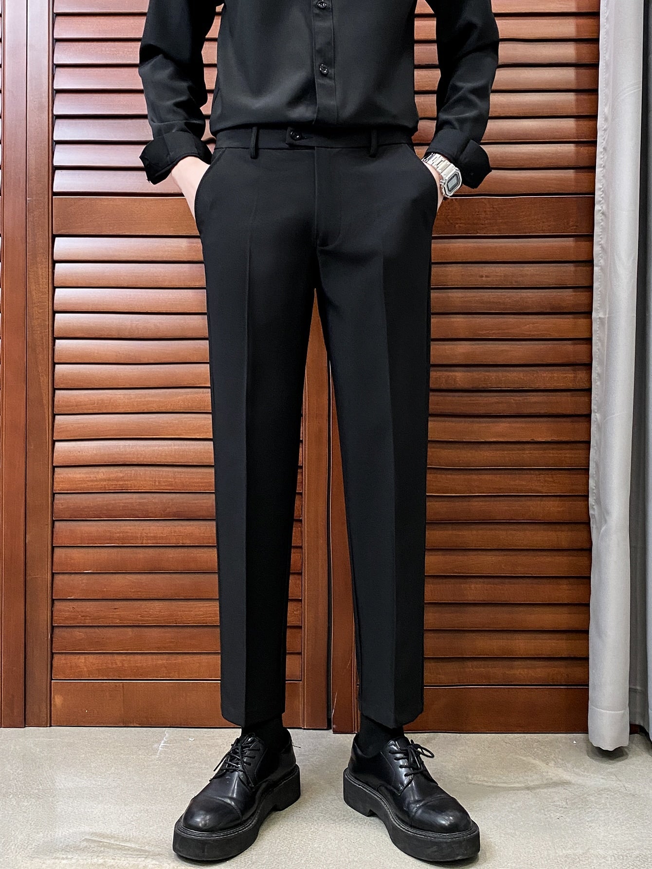 Men Slant Pocket Solid Suit Pants