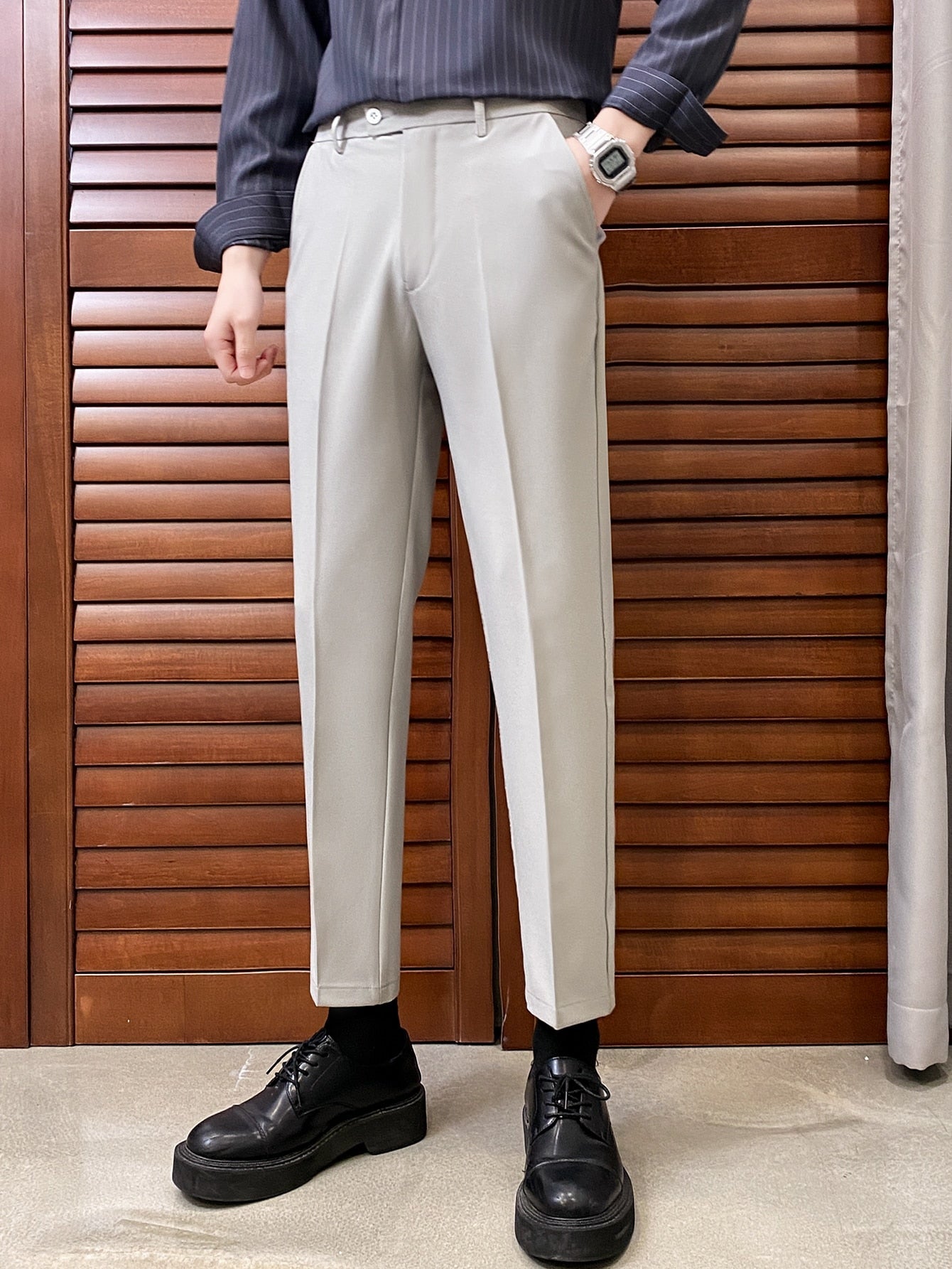 Men Slant Pocket Solid Suit Pants