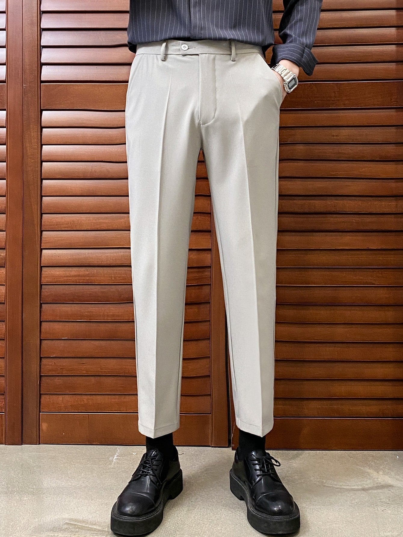 Men Slant Pocket Solid Suit Pants