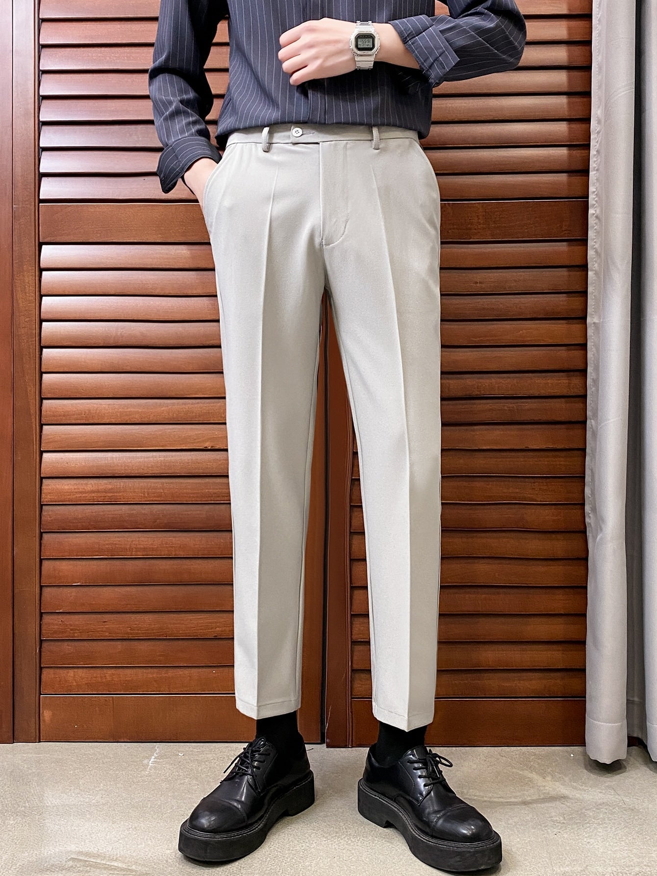 Men Slant Pocket Solid Suit Pants