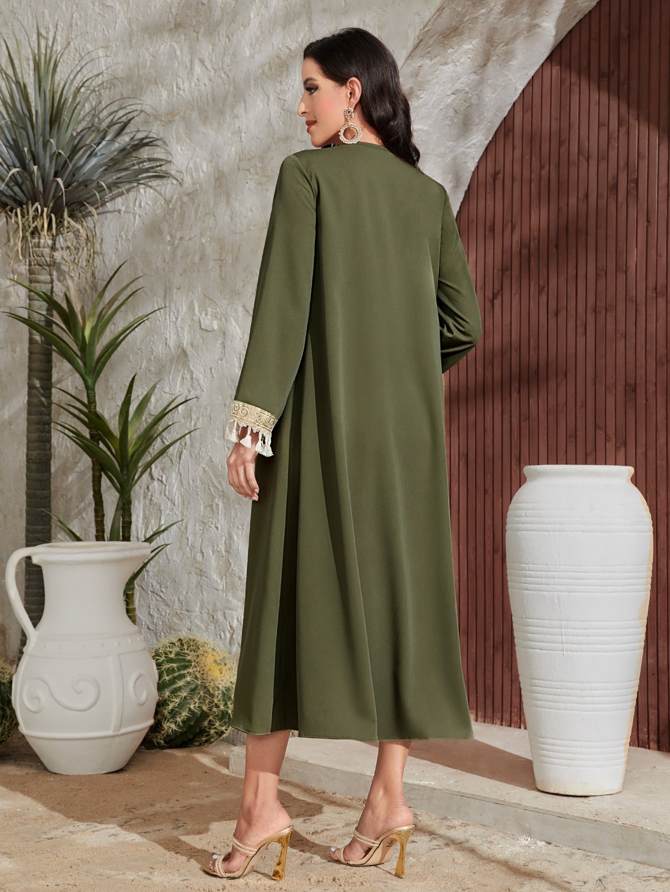 Najma Contrast Tape Fringe Trim Open Front Abaya