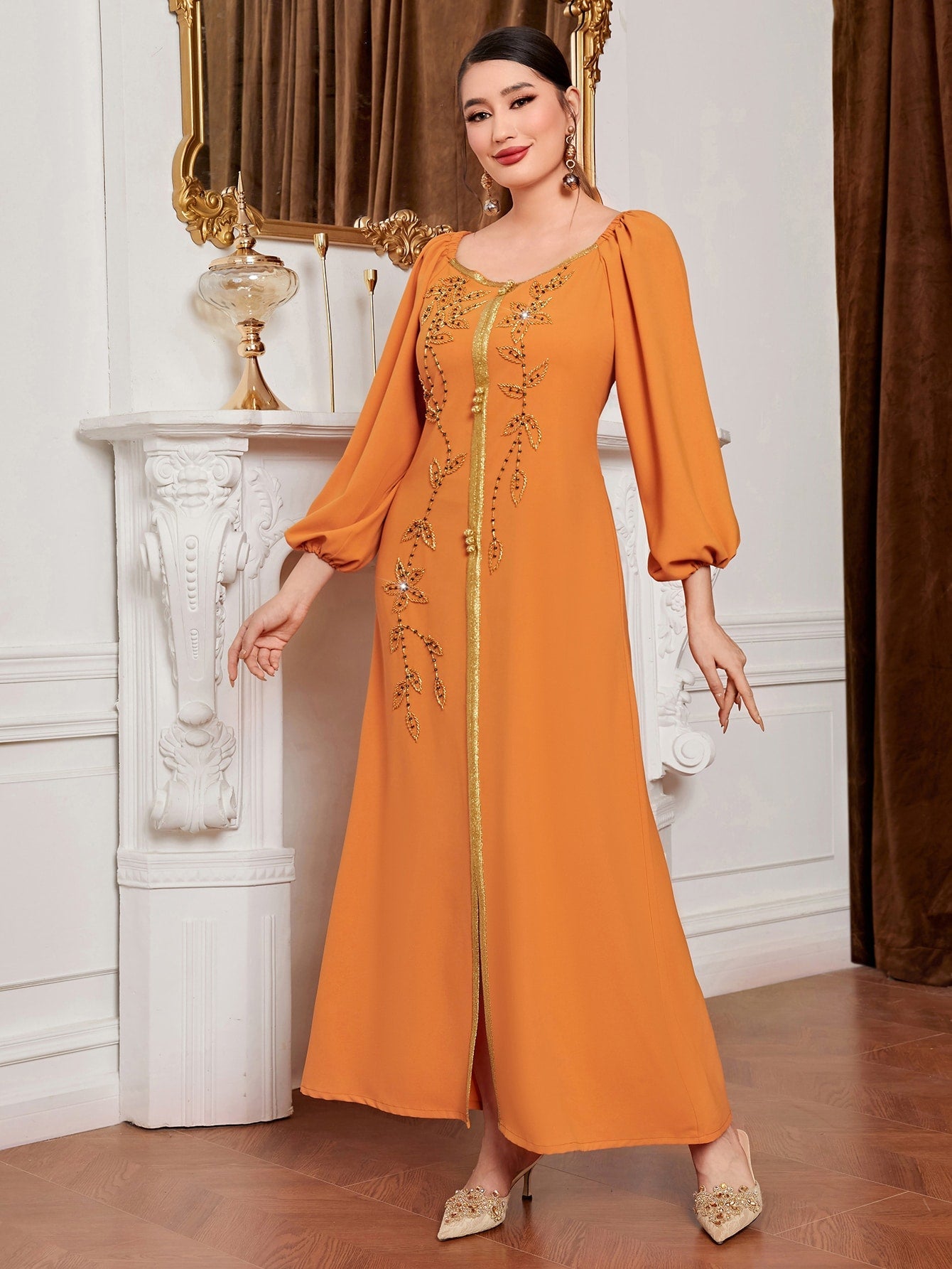 Najma Floral Embroidery Lantern Sleeve Split Hem Kaftan