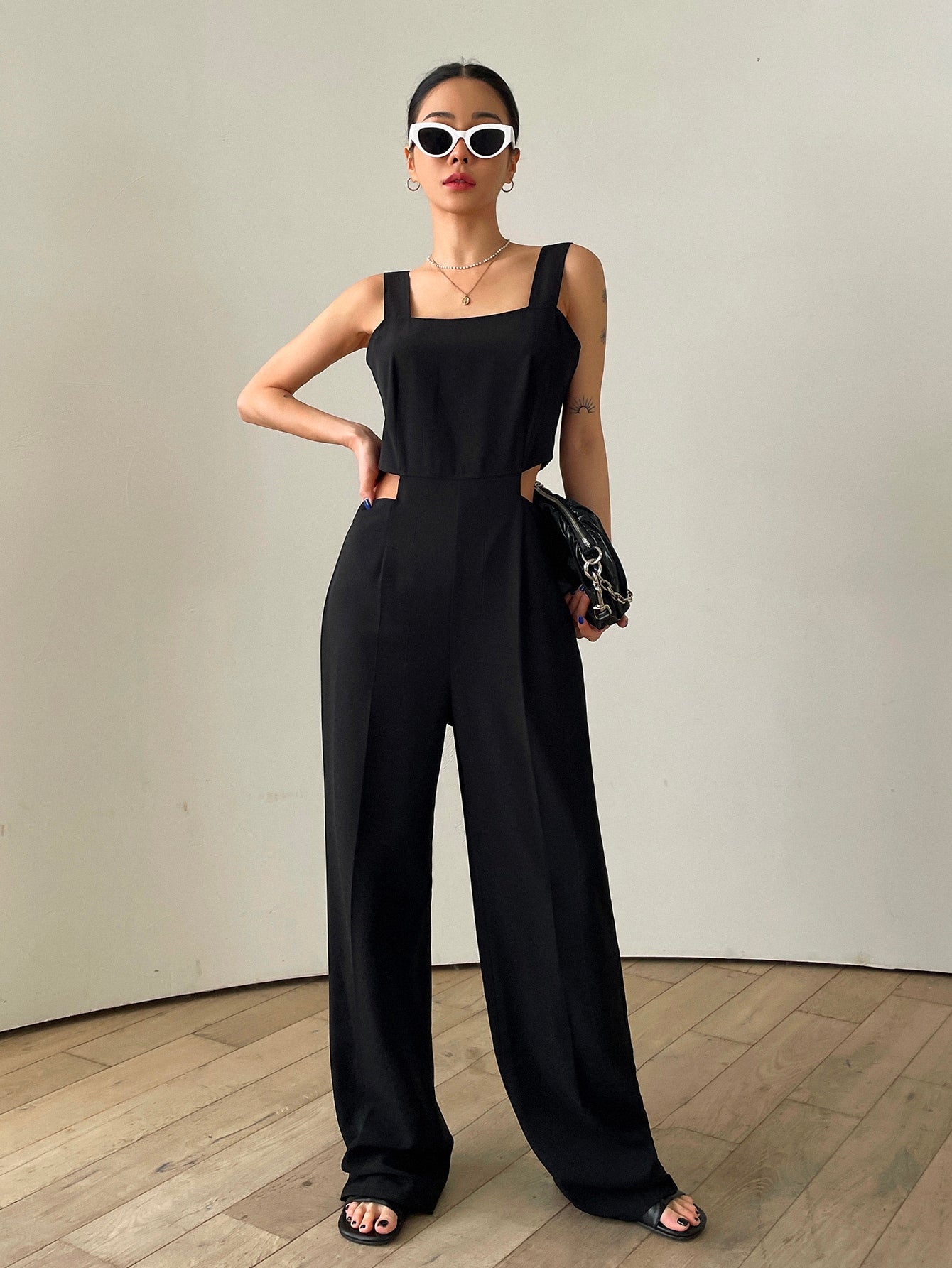 DAZY Solid Cut Out Waist Slant Pocket Zip Back Cami Jumpsuit