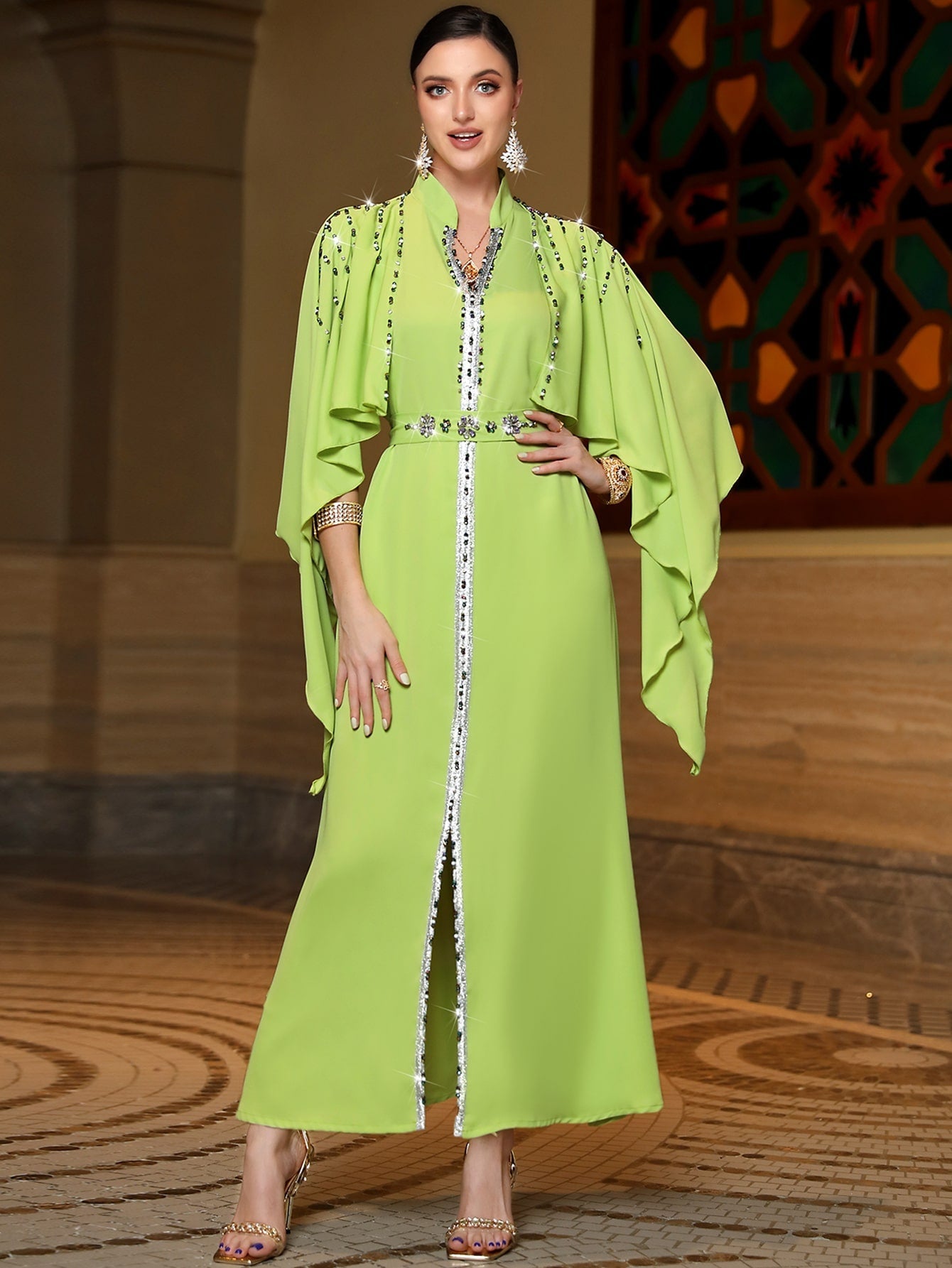 Najma Rhinestone Detail Cloak Sleeve Belted Dress