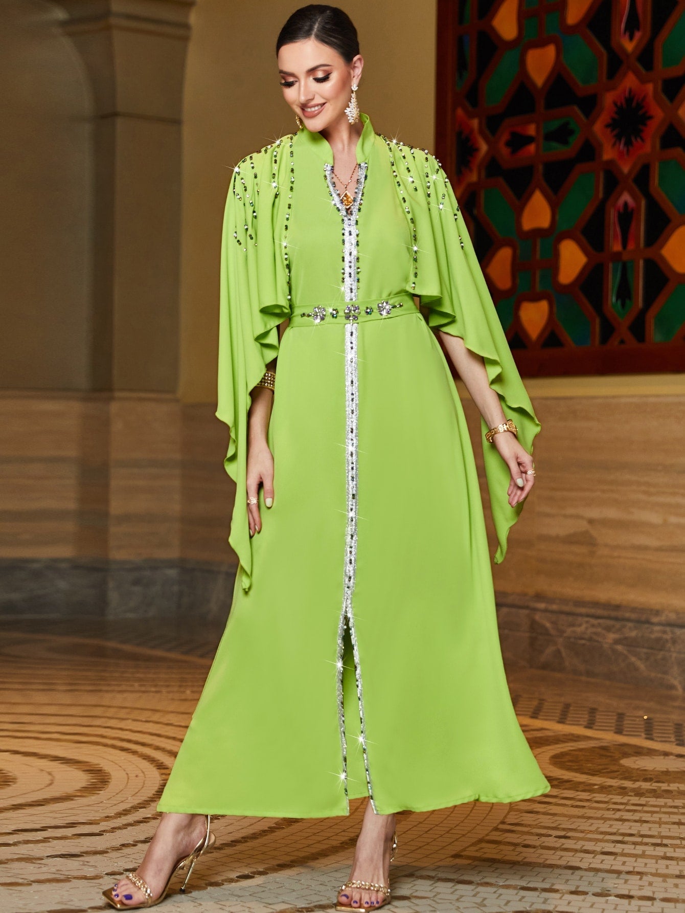 Najma Rhinestone Detail Cloak Sleeve Belted Dress