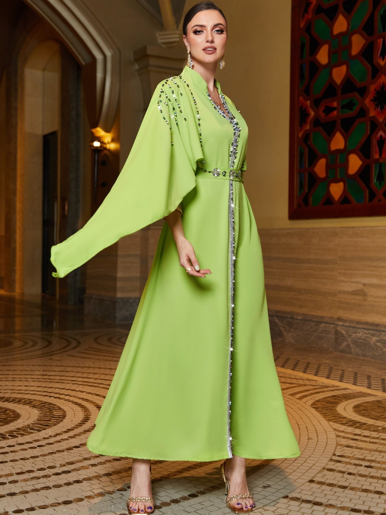 Najma Rhinestone Detail Cloak Sleeve Belted Dress